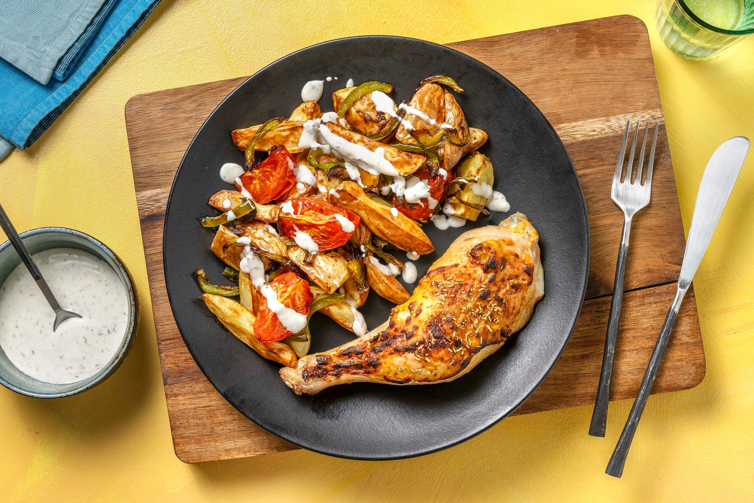 Cuisse de poulet, tomates & poivron rôtis