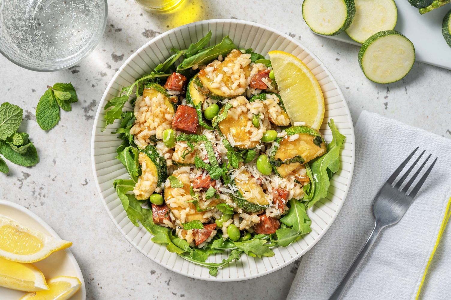 Risotto de courgette, chorizo & menthe