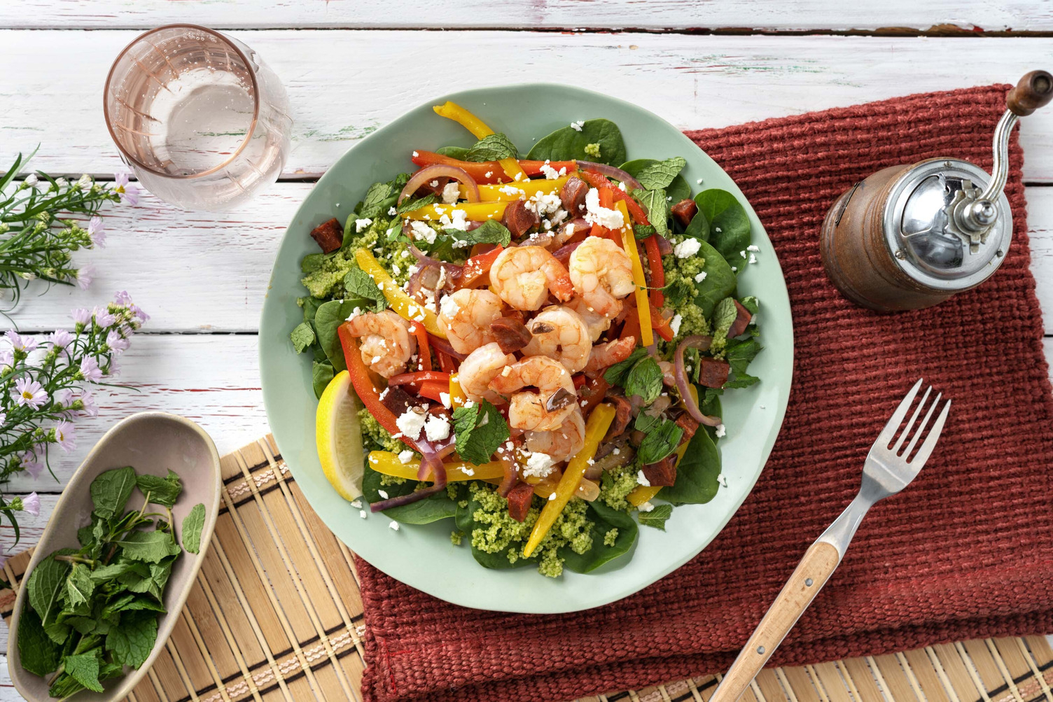 Groene couscous met garnalen en chorizo