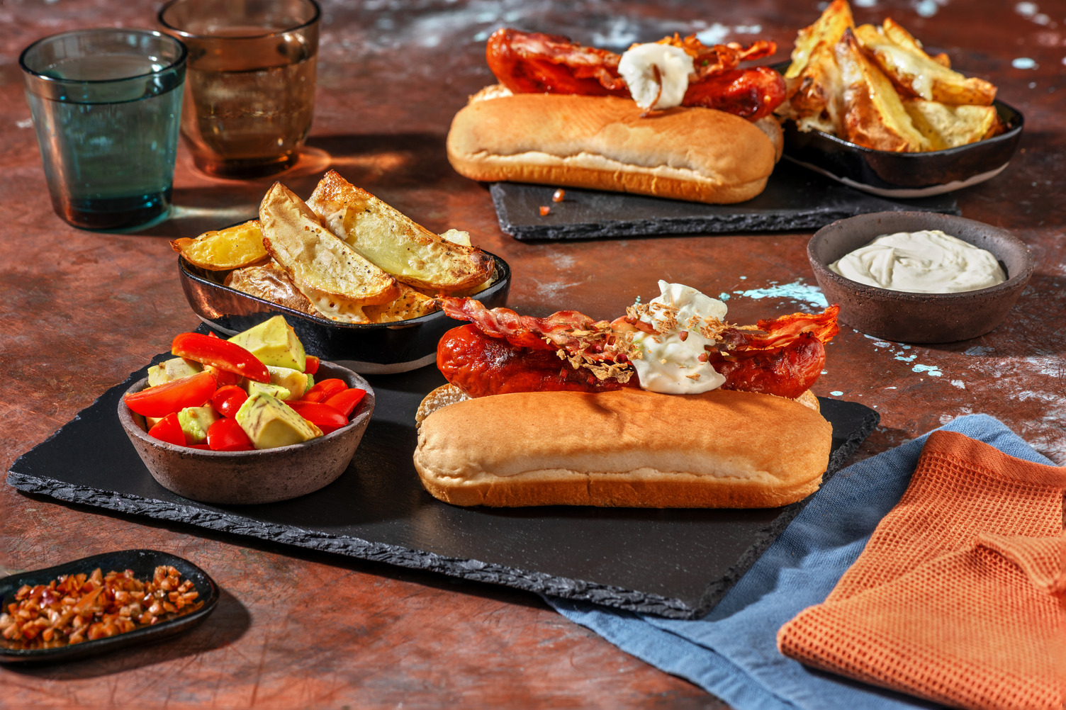 Bacon and Crispy Onion Loaded Hot Dogs