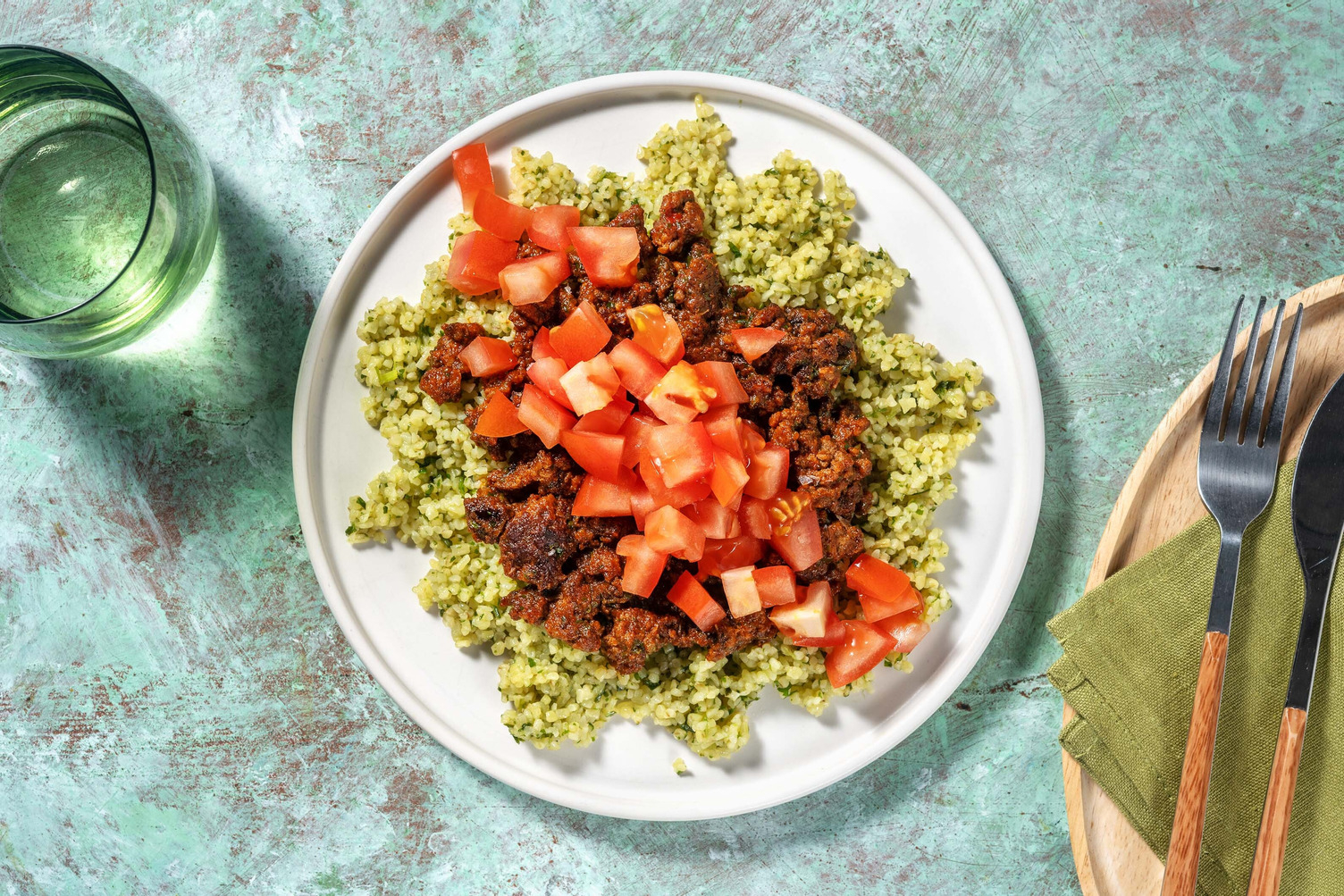 Sticky Spiced Beef  and Zhoug Bulgur