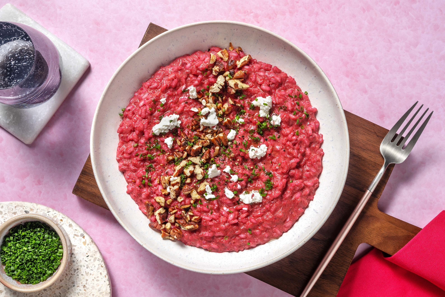 Risotto à la betterave, chèvre & ciboulette