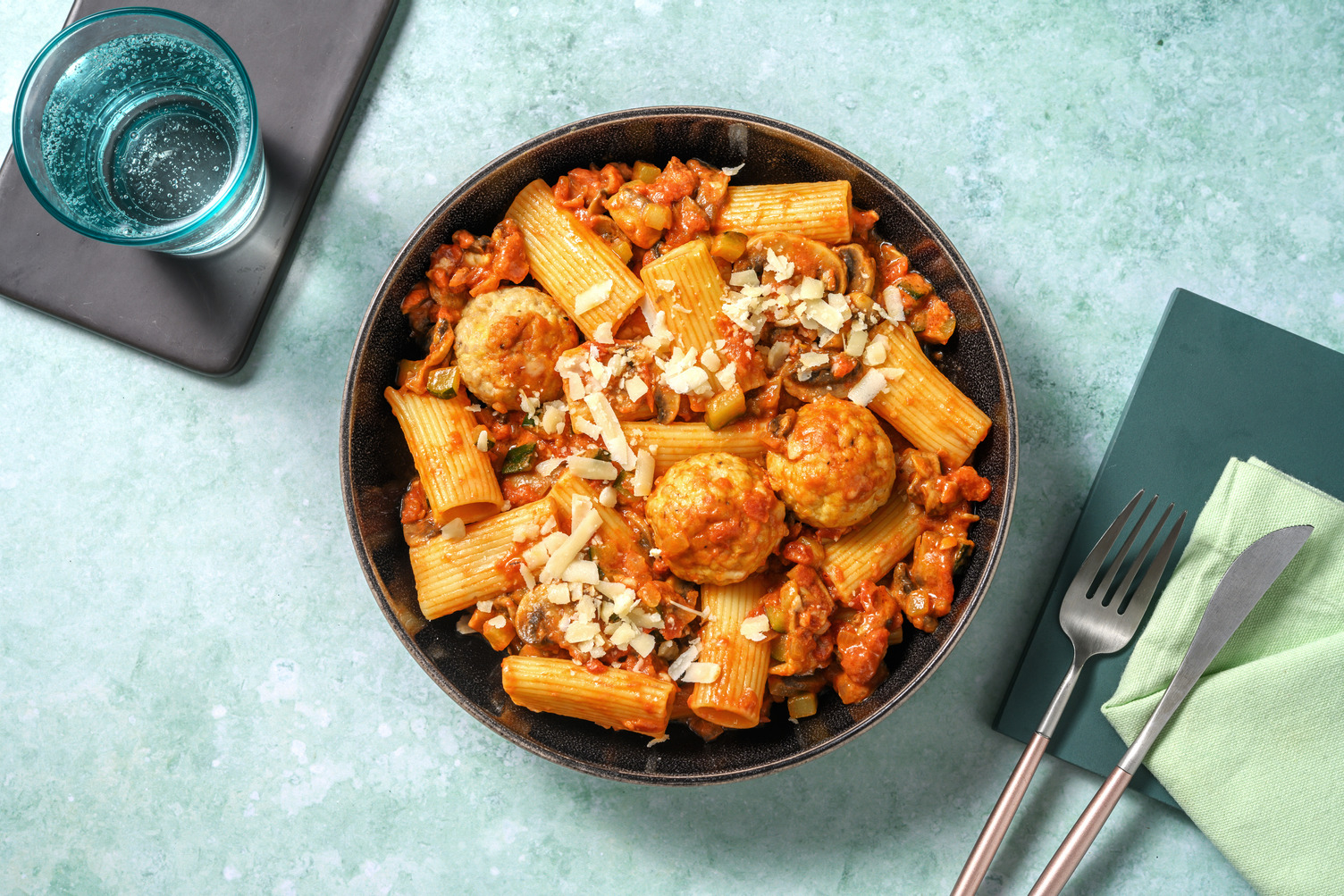 Pasta rigatoni con albóndigas caseras
