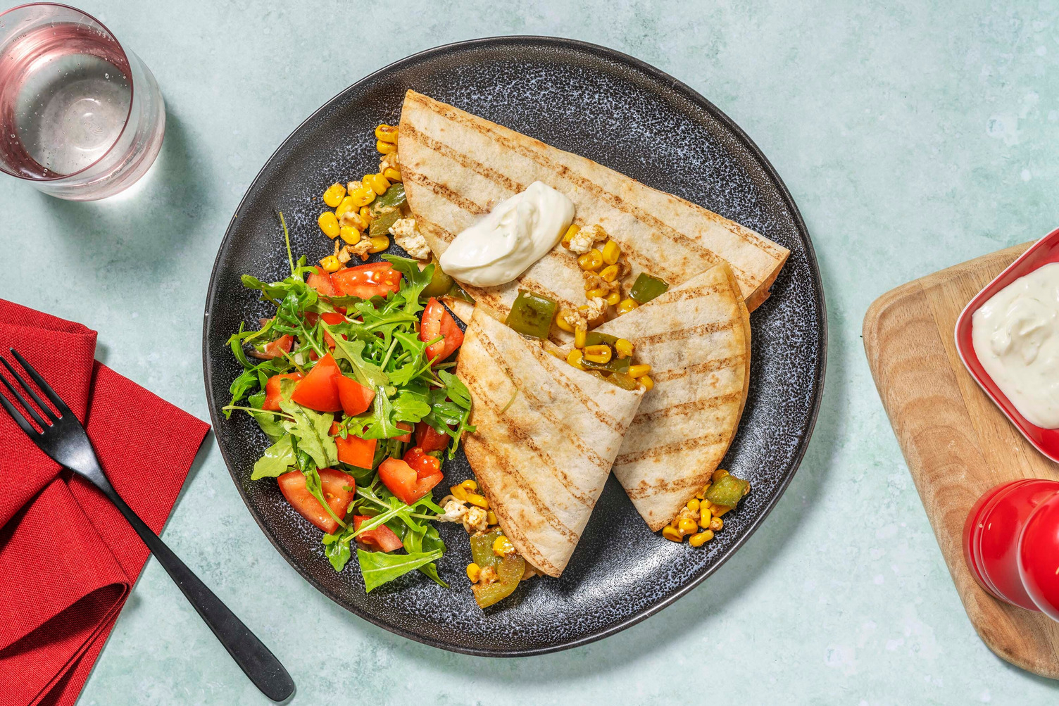 Cheesy Charred Chorizo and Corn Quesadillas