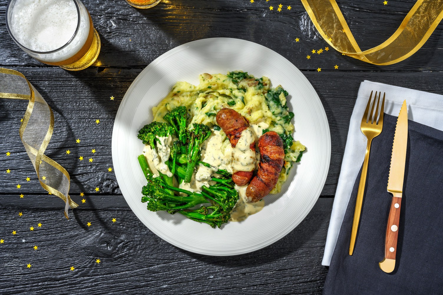 Sticky Pigs in Blankets and Cheesy Colcannon