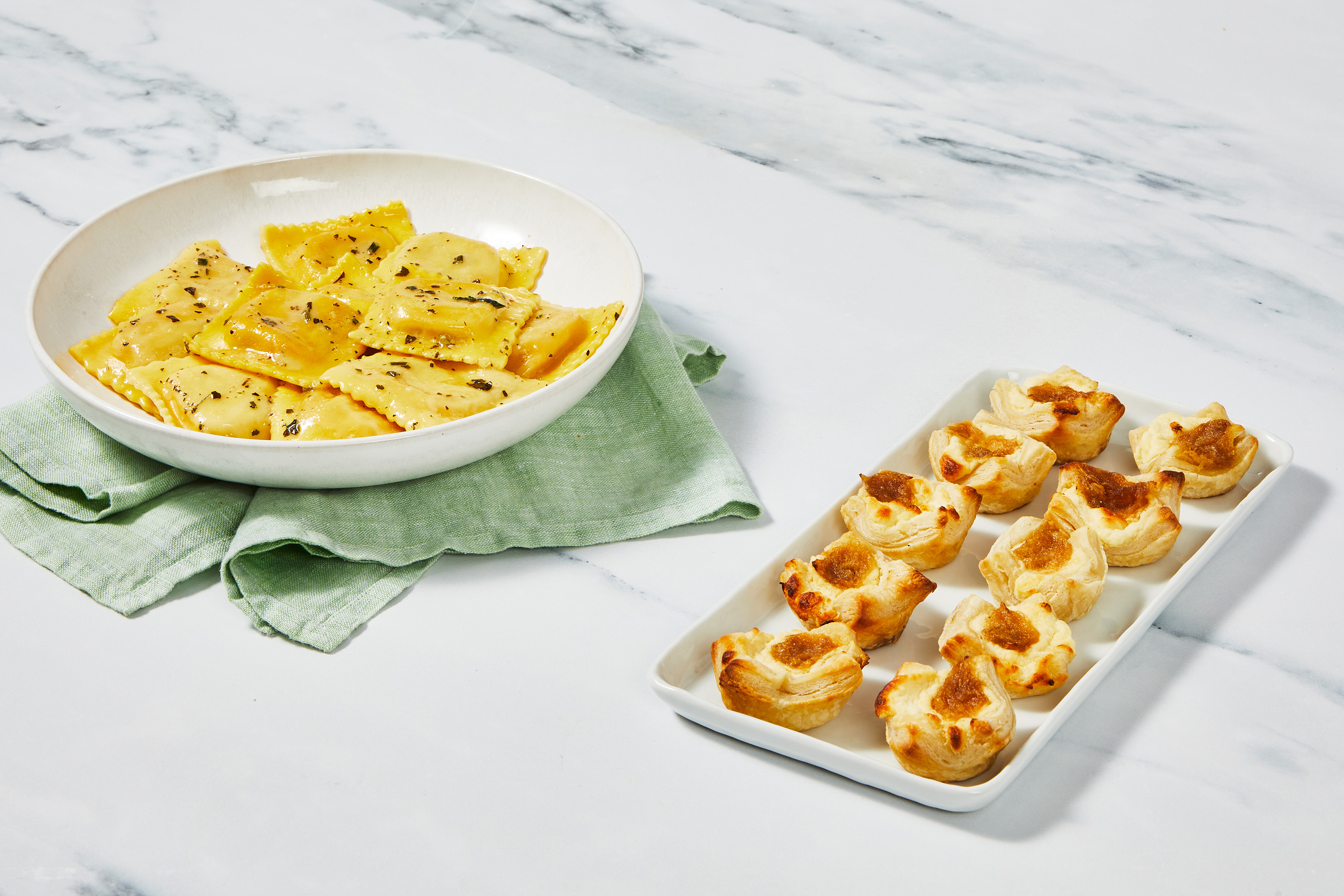 Super-Quick Fresh Tomato Ricotta Ravioli with Caramelized Onion & Feta Pastry Bites