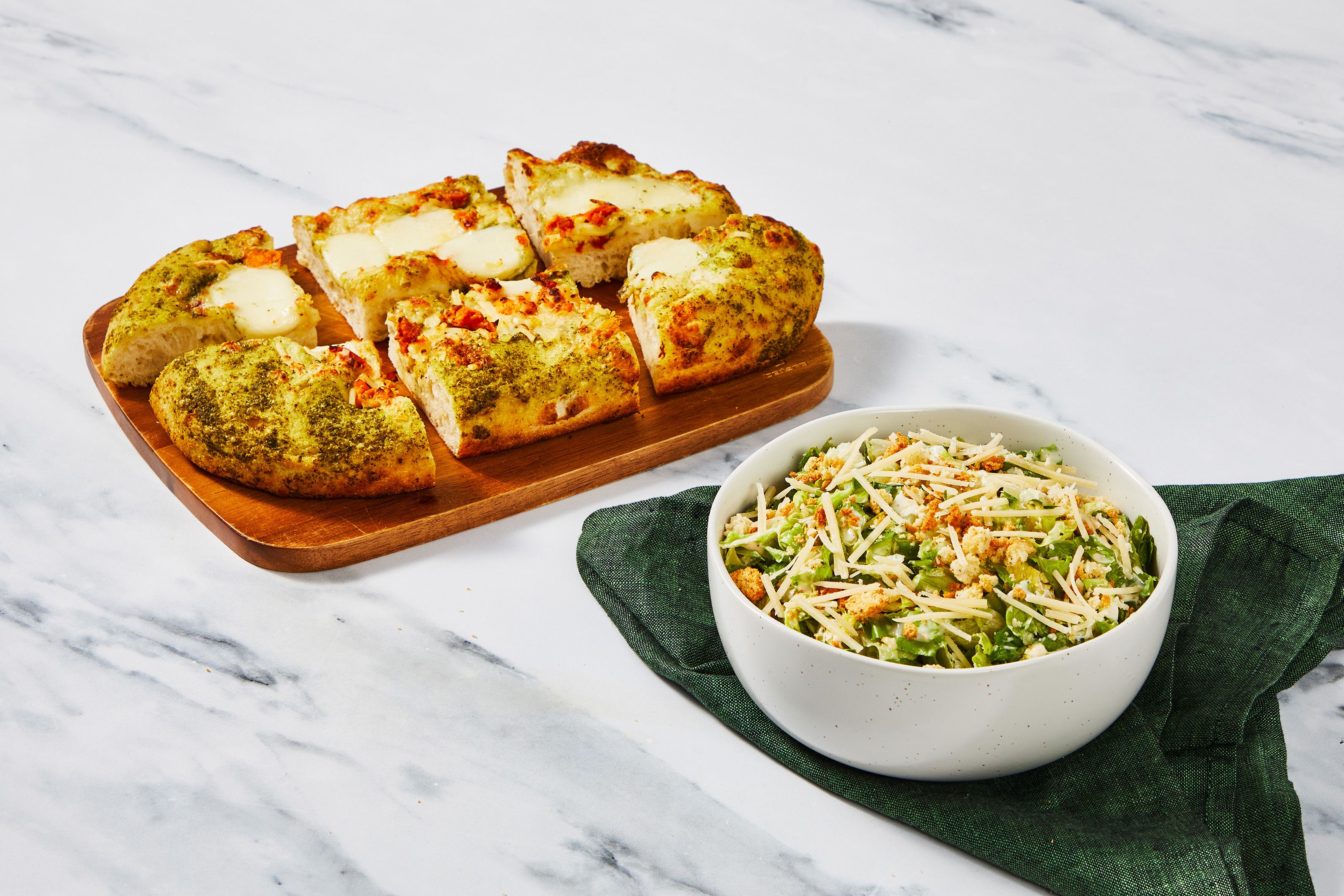 Super-Quick Basil Pesto & Mozzarella Focaccia Flatbread & Caesar Salad
