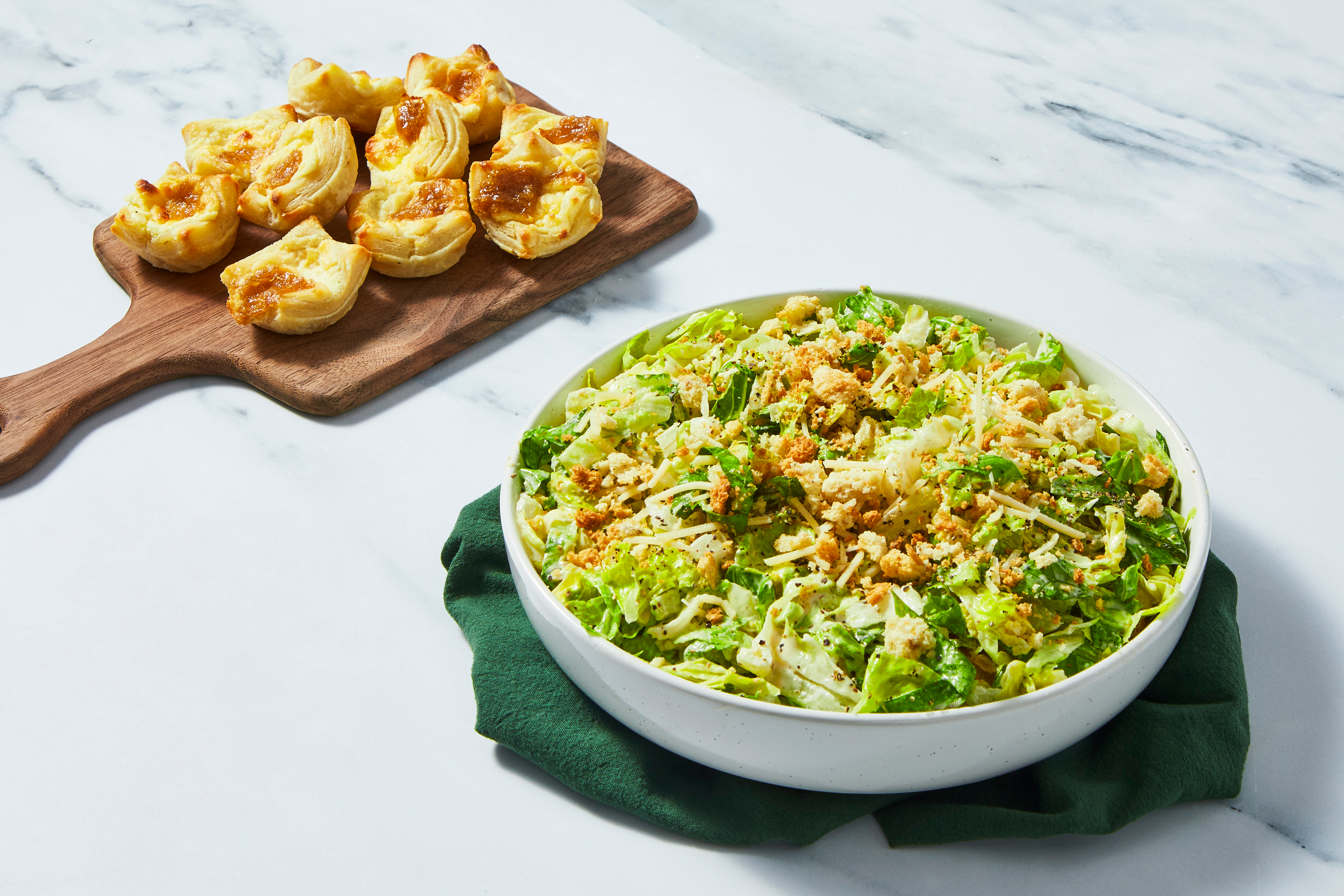 Super-Quick Caramelized Onion Feta Pastry Bites & Caesar Salad