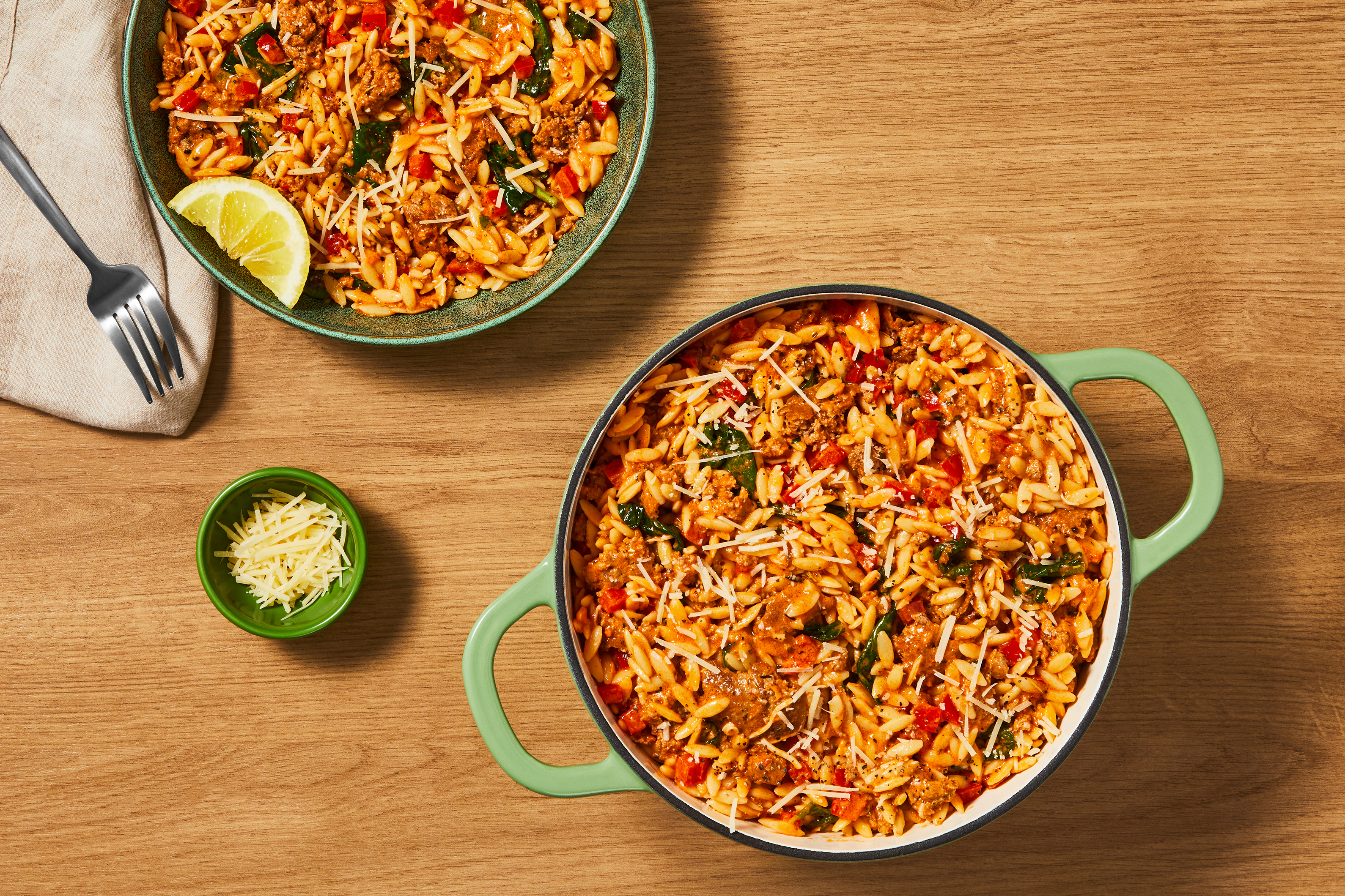 One-Pot Garlicky Impossible® Burger Patties and Tomato-Pesto Orzo