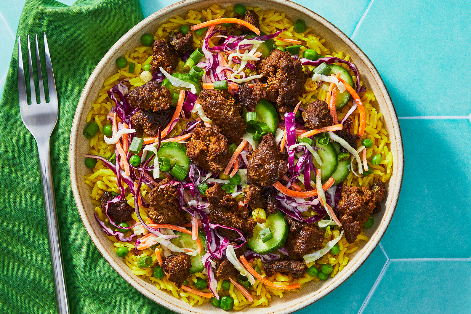 Bœuf assaisonné et riz aux petits pois façon jamaïquain