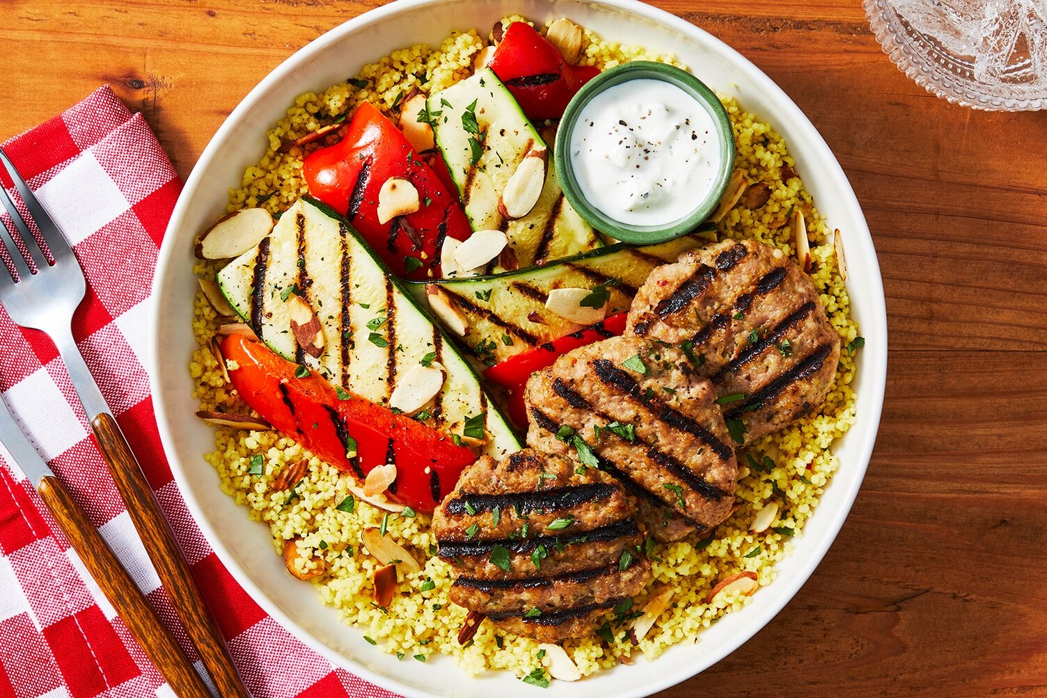 Grilled Beef Patties and Creamy Feta Sauce