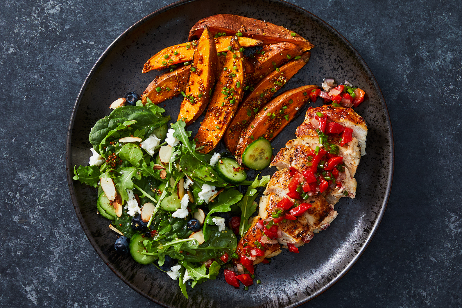 Roasted Pepper-and-Goat Cheese Chicken with Arugula, Spinach and Blueberry Salad