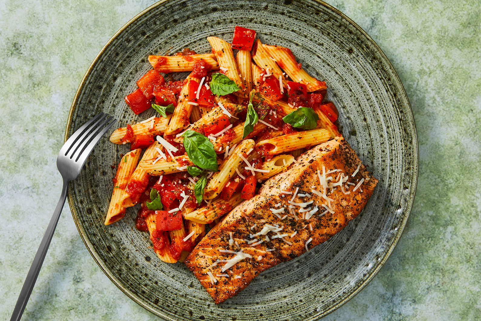 Roasted Double Salmon and Garlicky Tomato Penne
