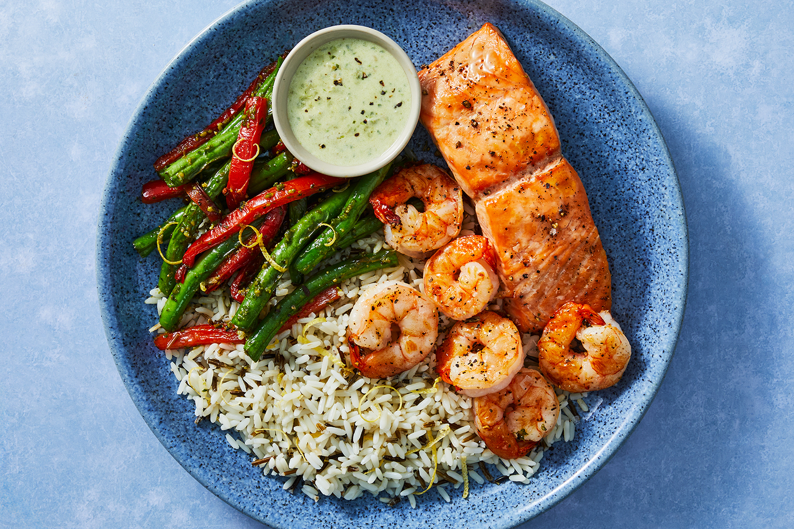 Double saumon au pesto crémeux et aux crevettes