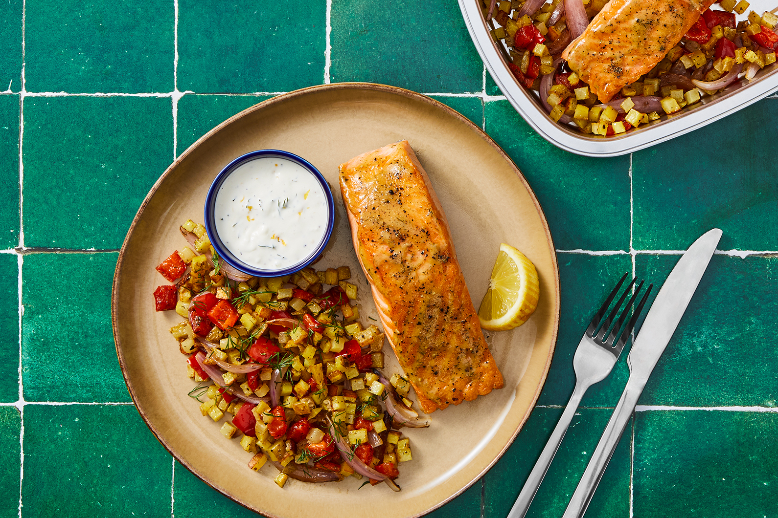 Honey-Dijon Salmon with Roasted Potatoes, Peppers and Dill Sour Cream