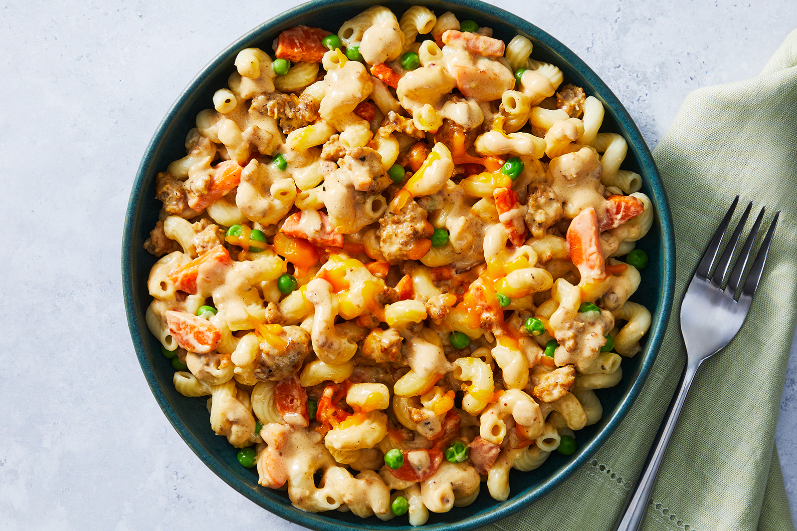 Quick Creamy Plant-based Patties and Cheddar Cavatappi 