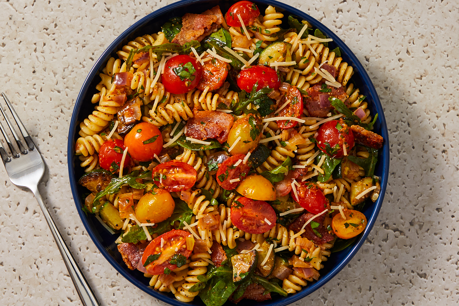 Herb Marinated Heirloom Tomato , Chicken and Bacon Fusilli