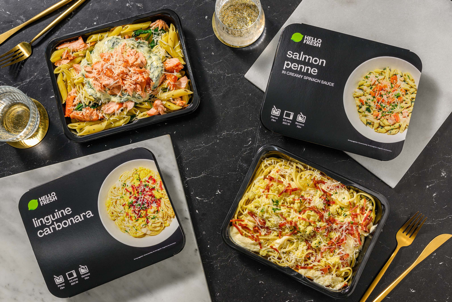 Penne met spinazie en zalm & linguine carbonara