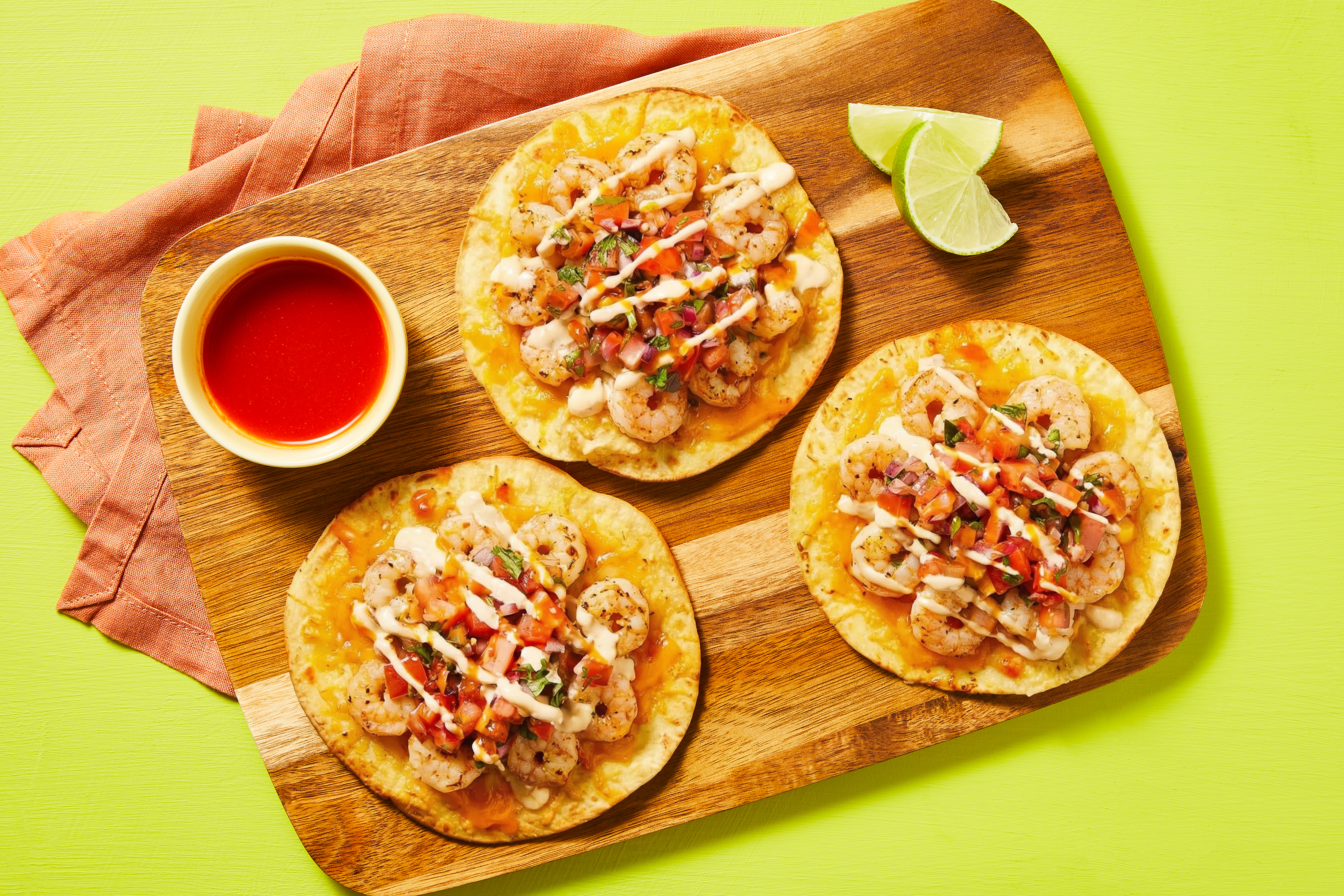 Cheesy Shrimp & Green Pepper Tostadas