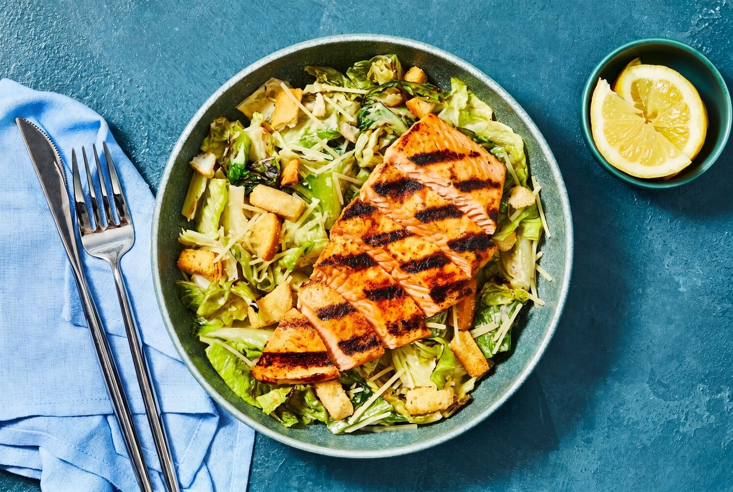 Dad’s Grilled Salmon Lemon Caesar Salad