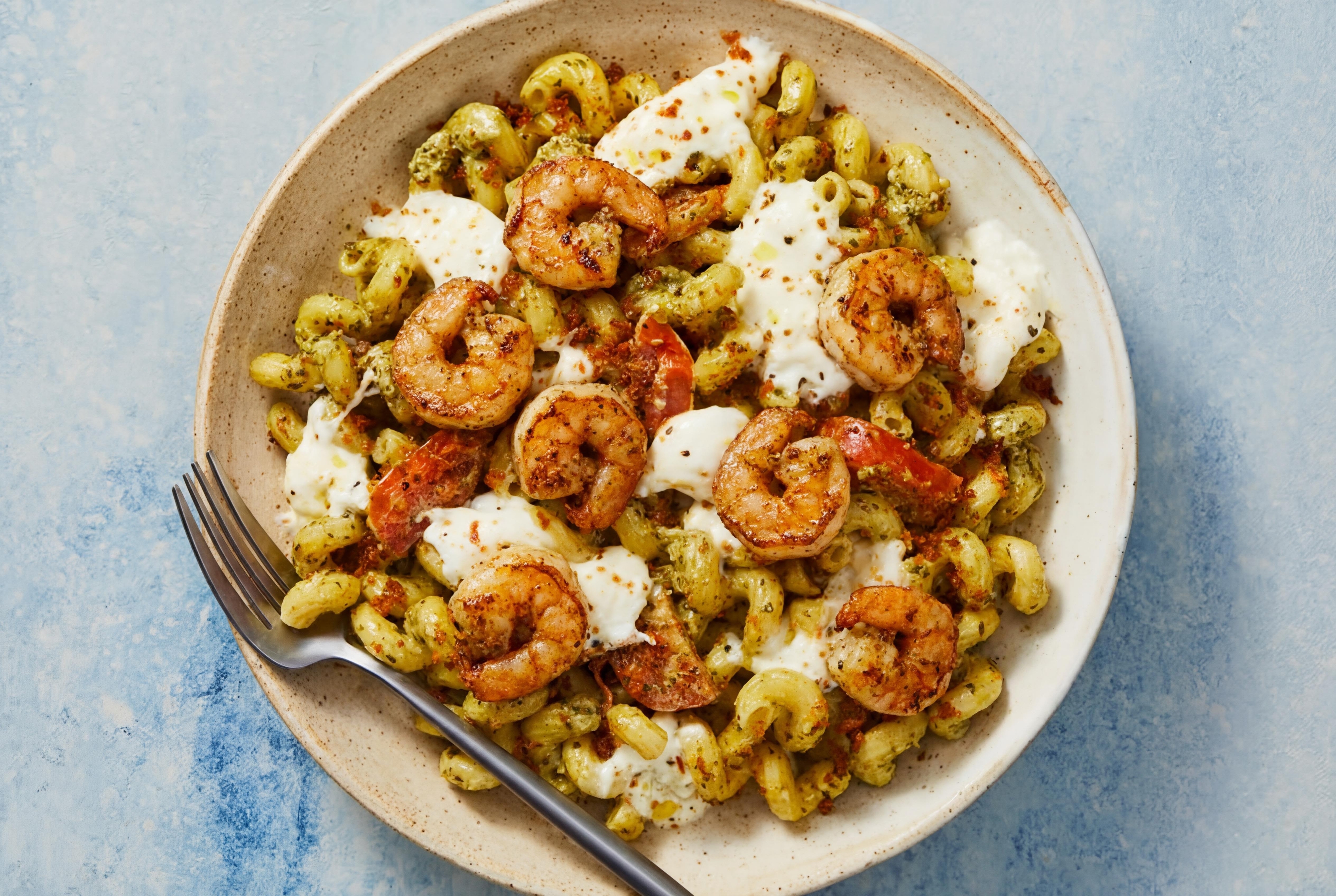 Broiled Burrata & Shrimp Pesto Cavatappi