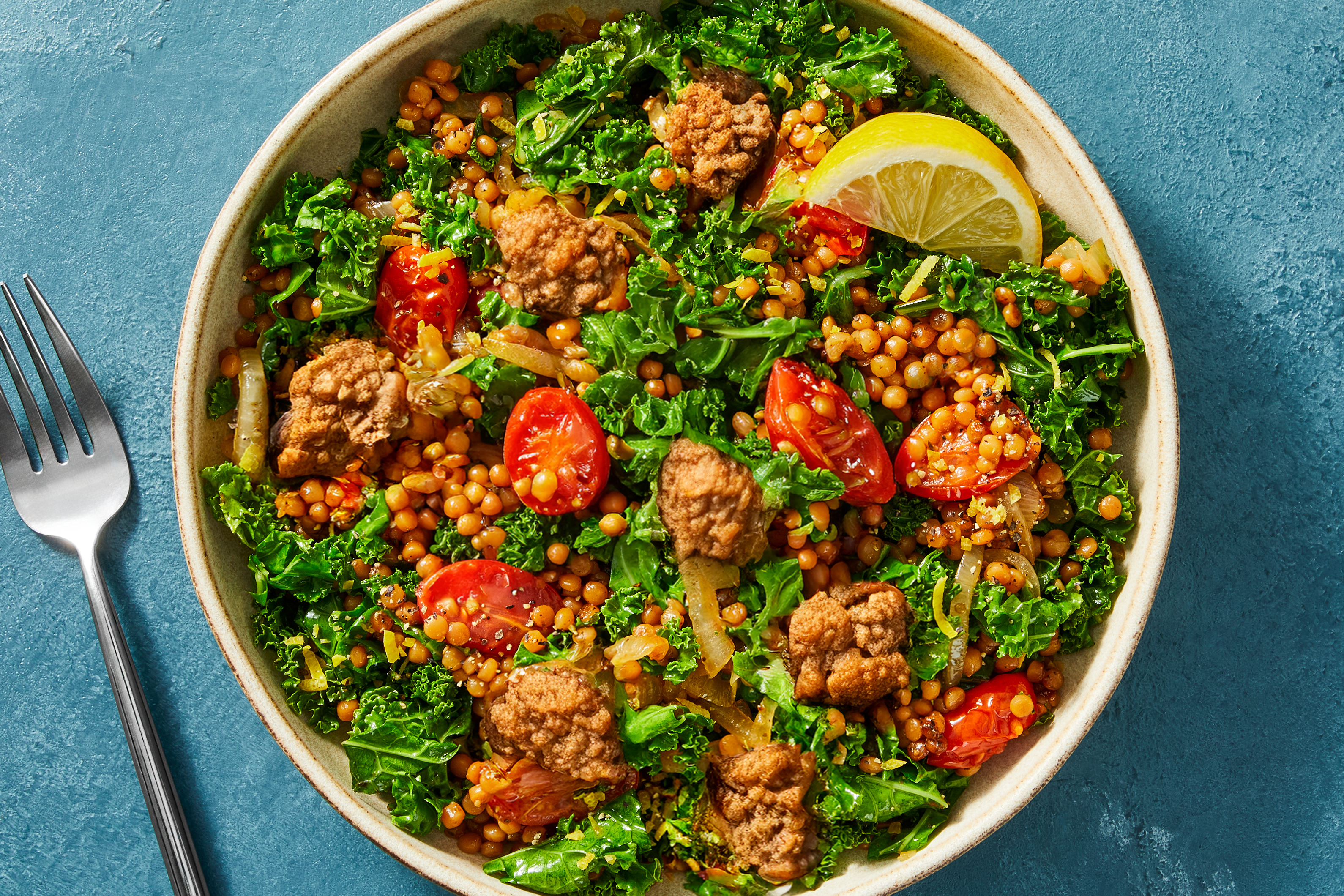 [SWAP GRILLING CHEESE TO CHICKEN SAUSAGE] Tuscan Spiced Grilling Cheese with Lemony Couscous, Roasted Squash, and Kale