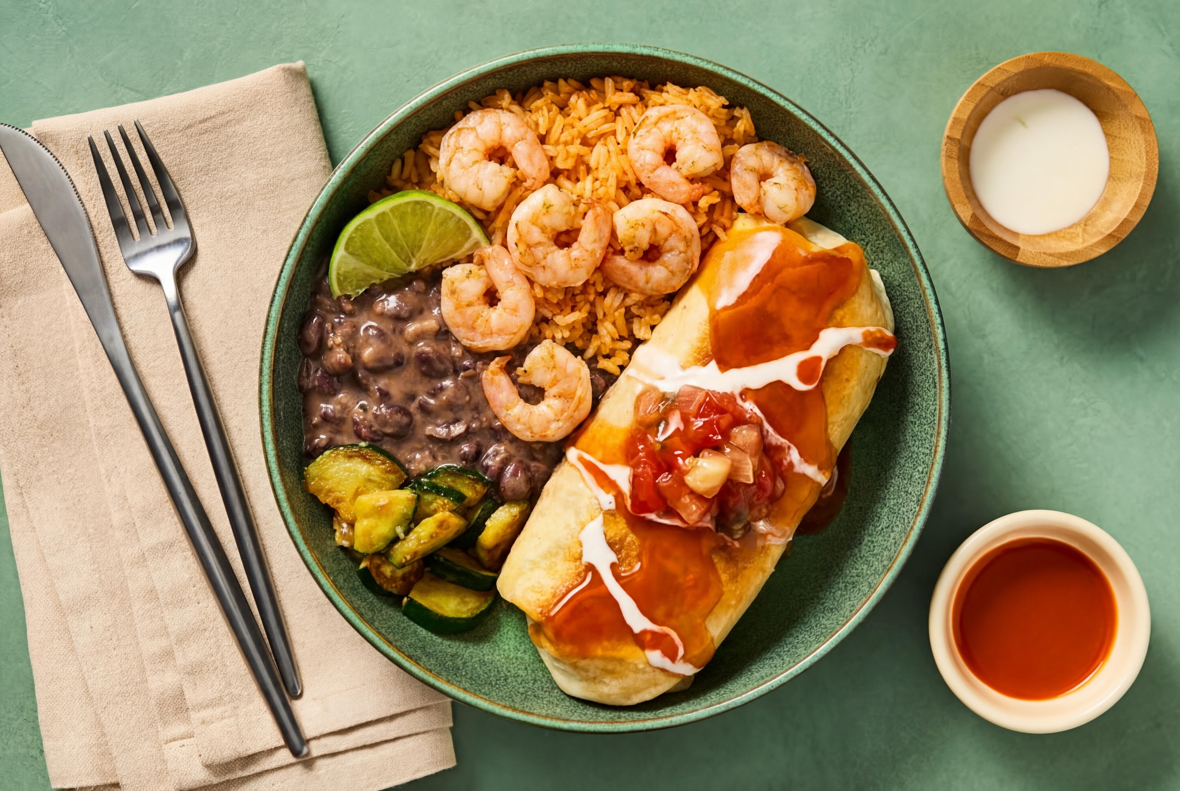 Smothered Shrimp, Rice & Bean Burritos
