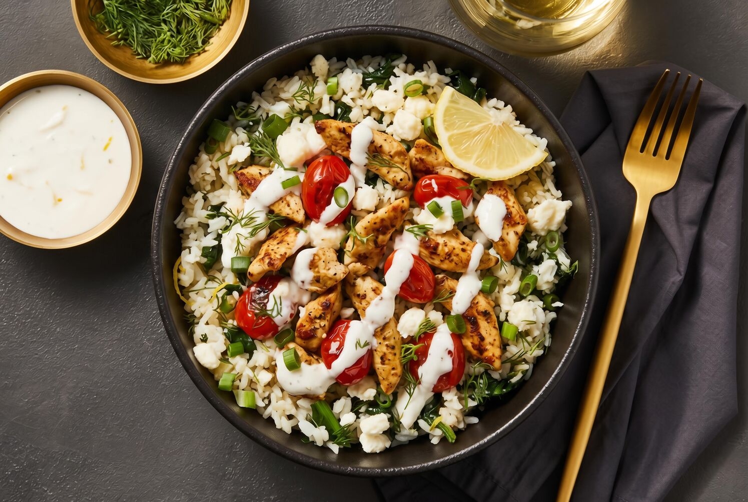 Greek Chicken over Lemony Spinach Rice