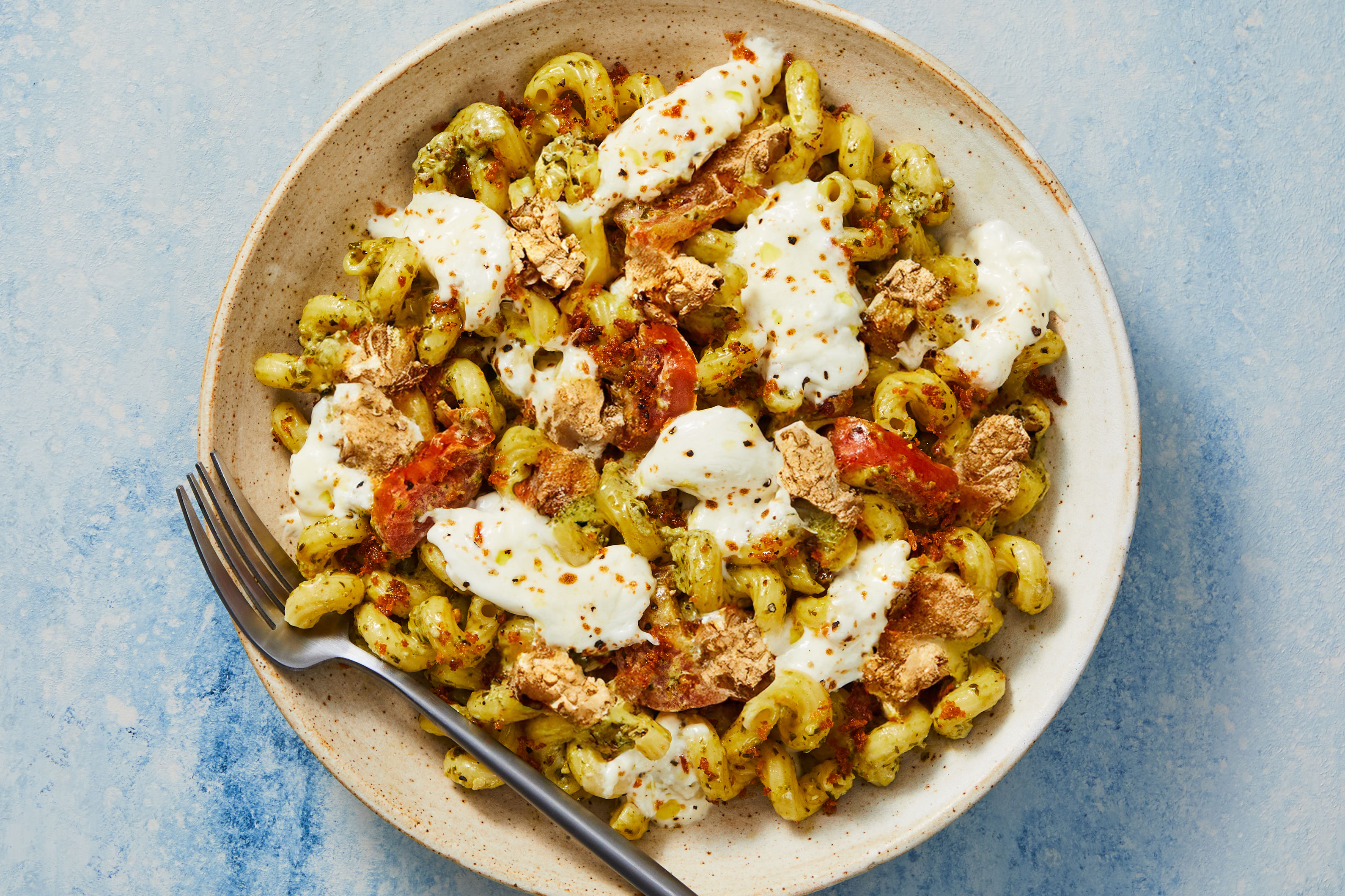 Broiled Burrata & Turkey Pesto Cavatappi