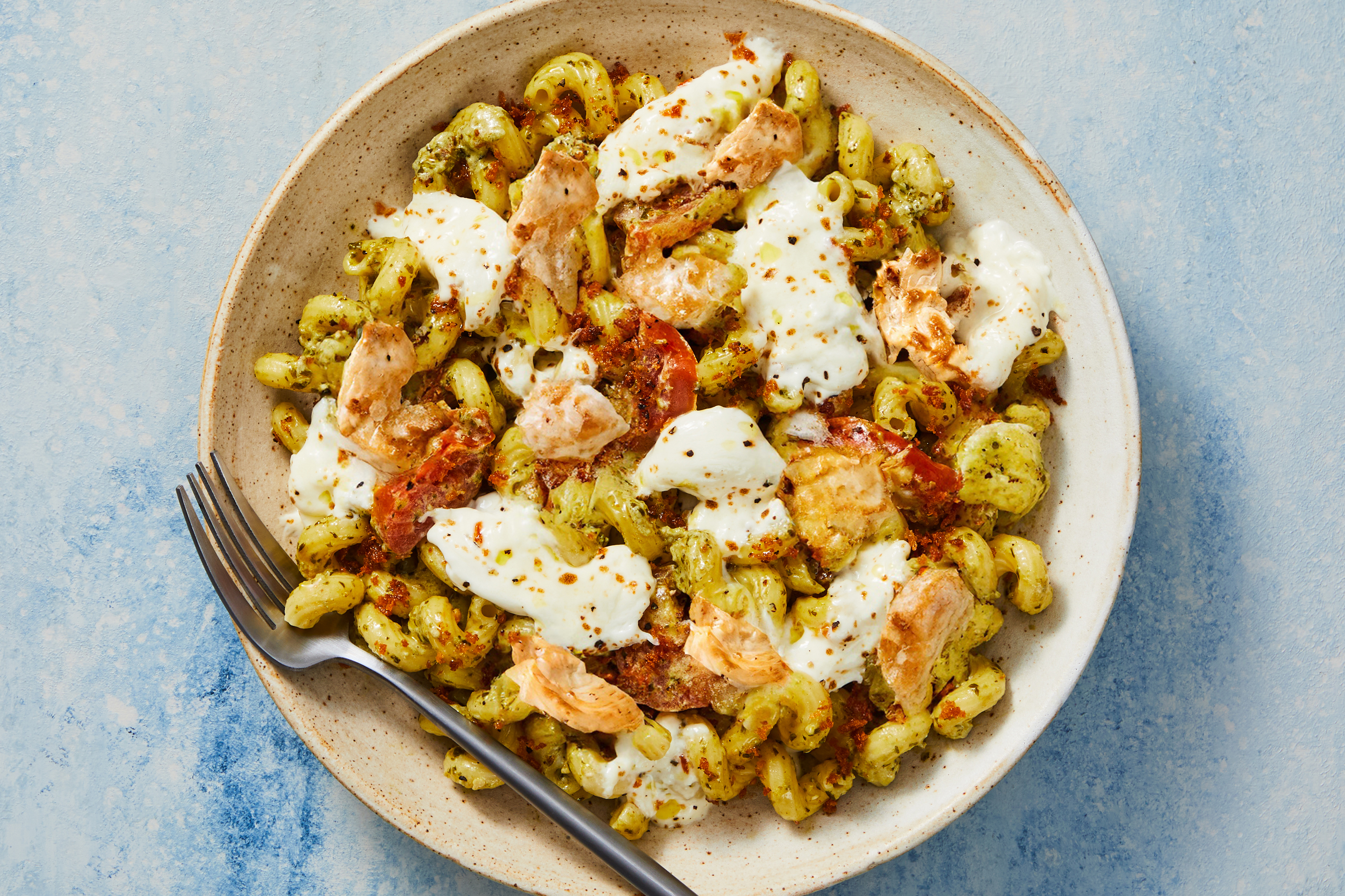 Broiled Burrata & Chicken Pesto Cavatappi