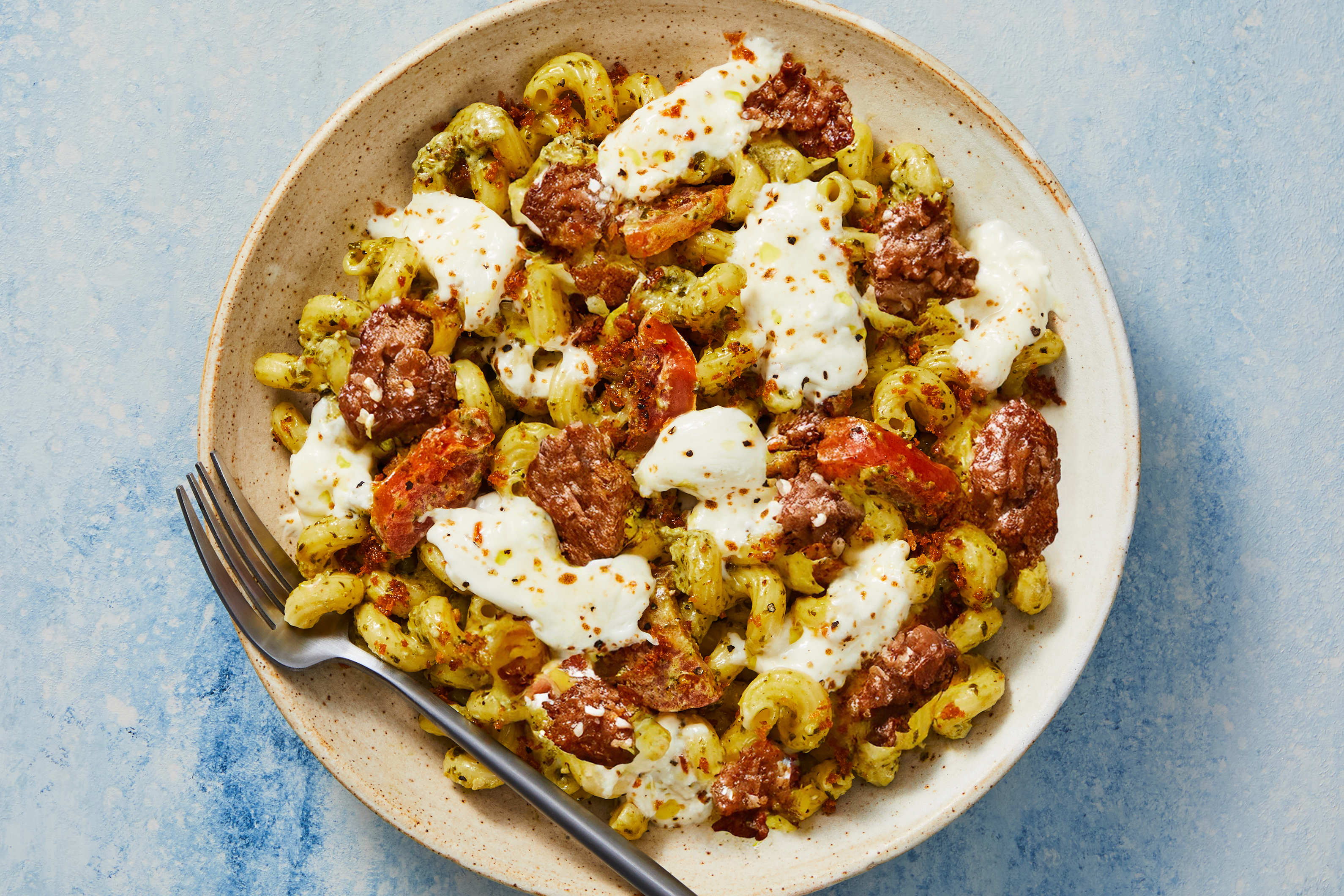 Broiled Burrata & Beef Pesto Cavatappi