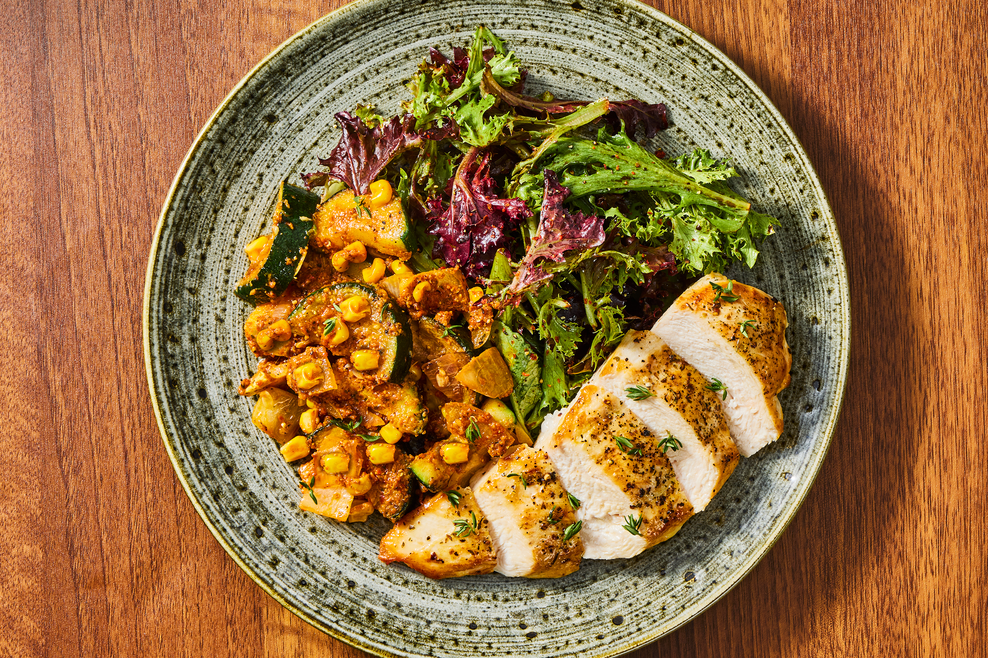 Herbed Chicken with Corn & Asparagus Romesco