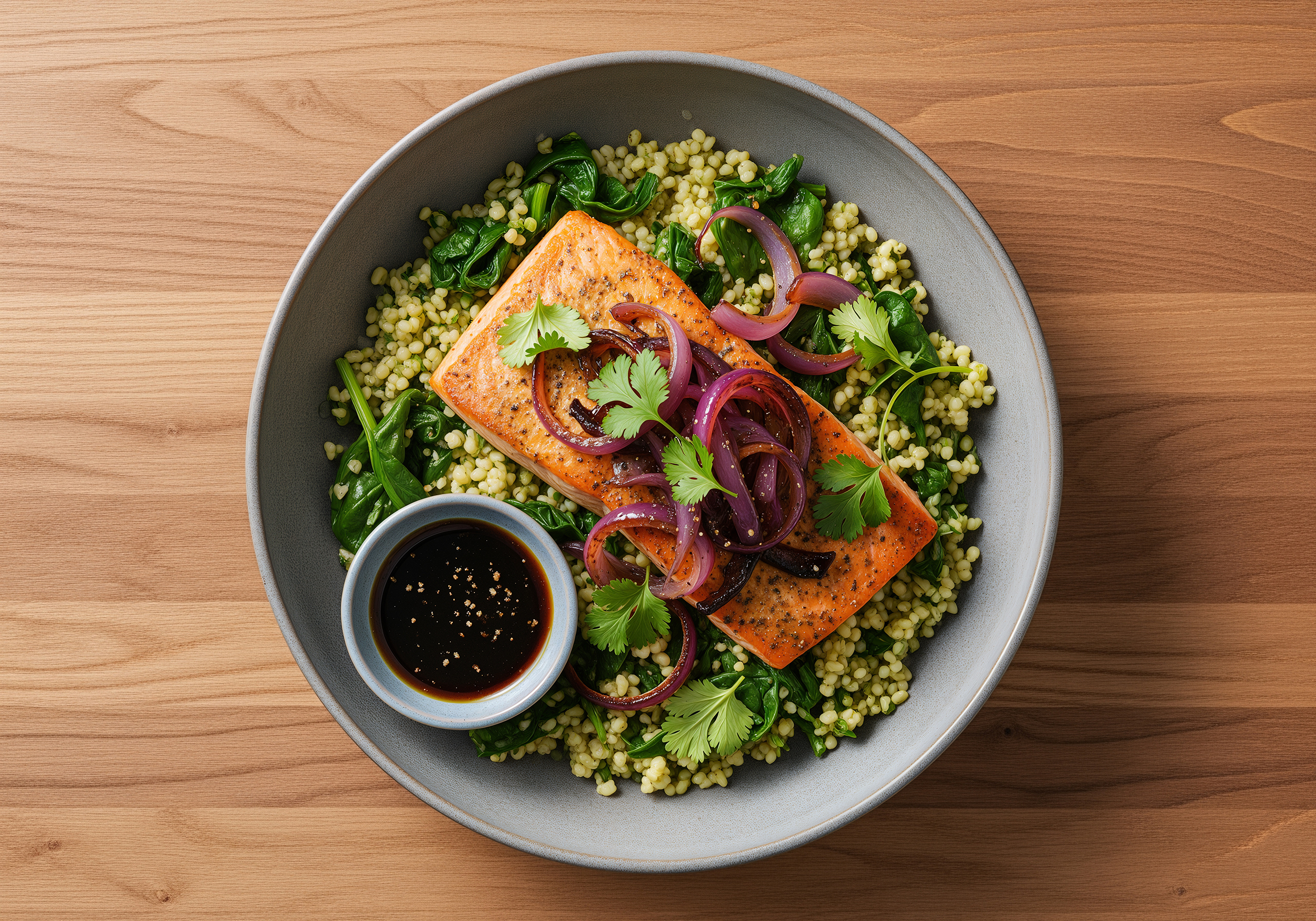 [UPGRADE SALMON TO ICELANDIC COD] GLP-1 Friendly Ponzu Miso Salmon with Caramelized Onions & Garlic Ginger Spinach Bulgur