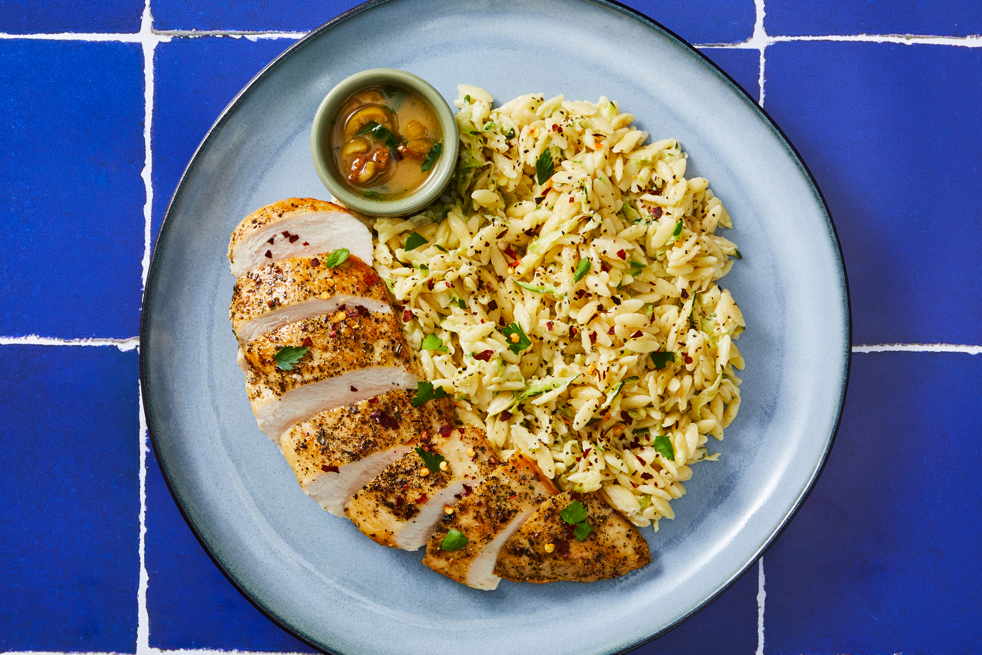 Bavette Steak & Creamy Lemon Zucchini Orzo