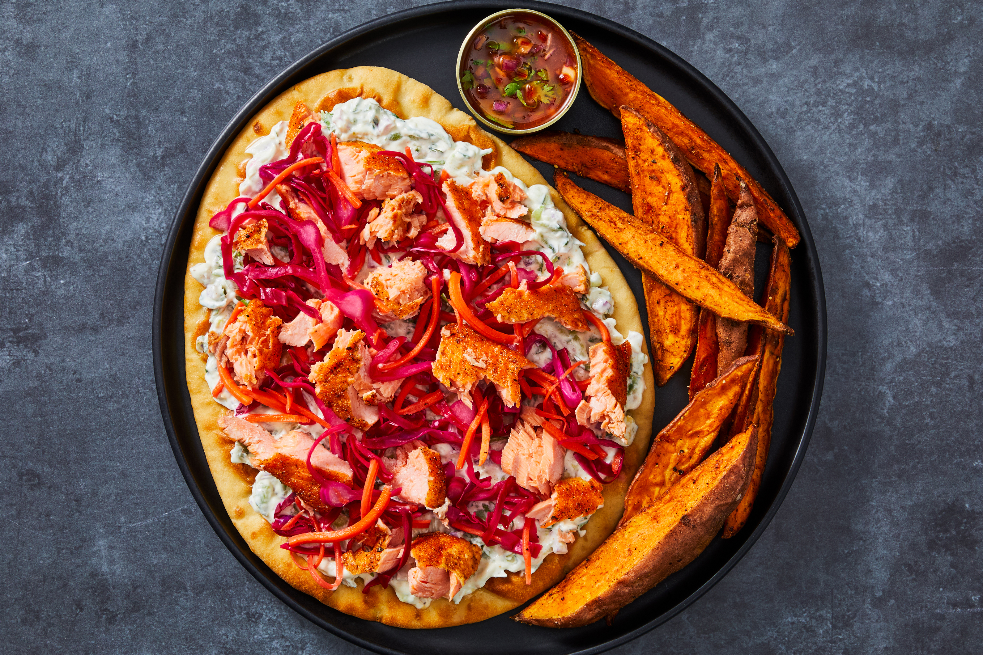 Curried Sirloin Flatbreads & Sweet Potato Wedges