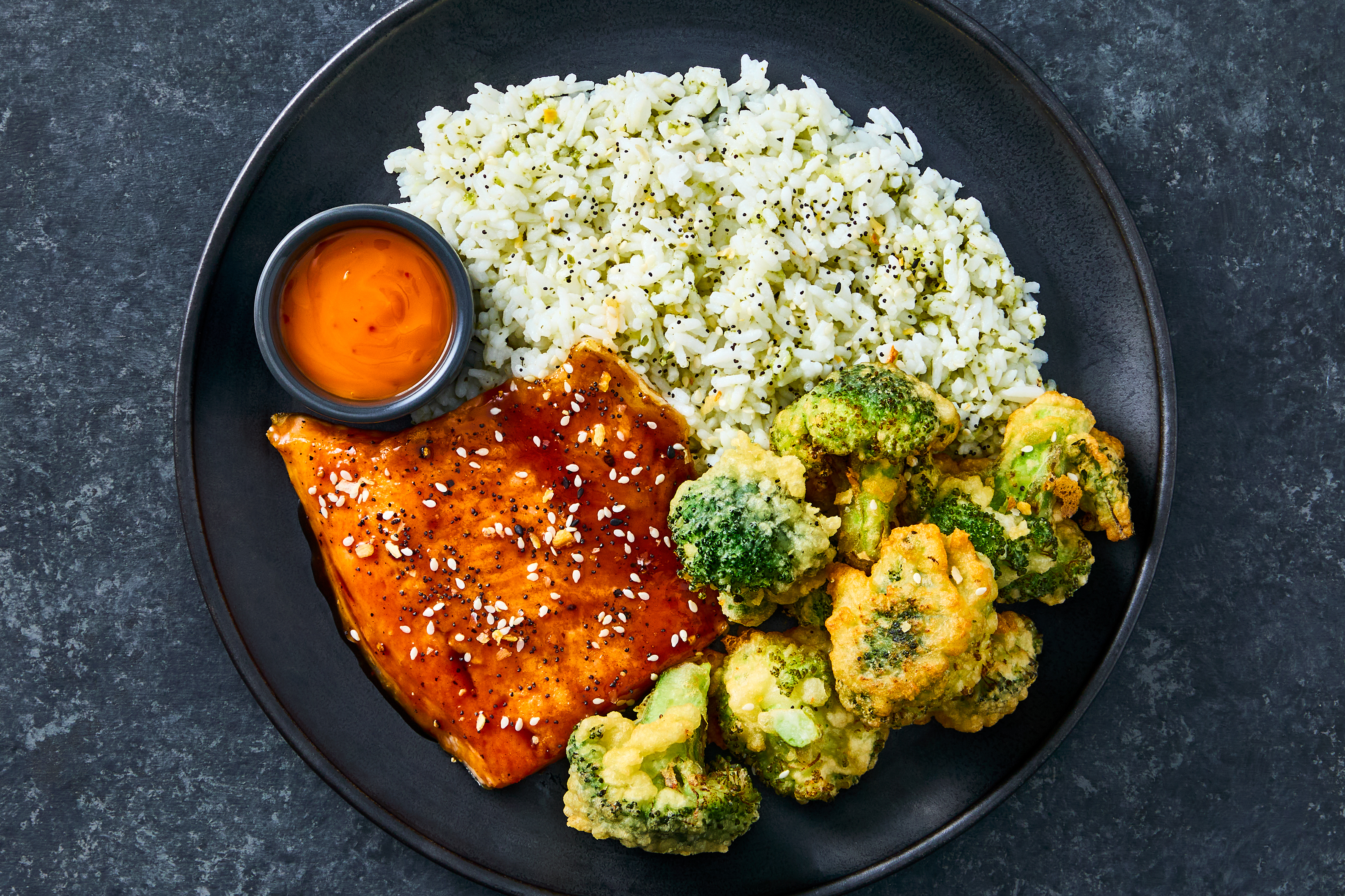 Ponzu-Glazed Trout & Broccoli Tempura