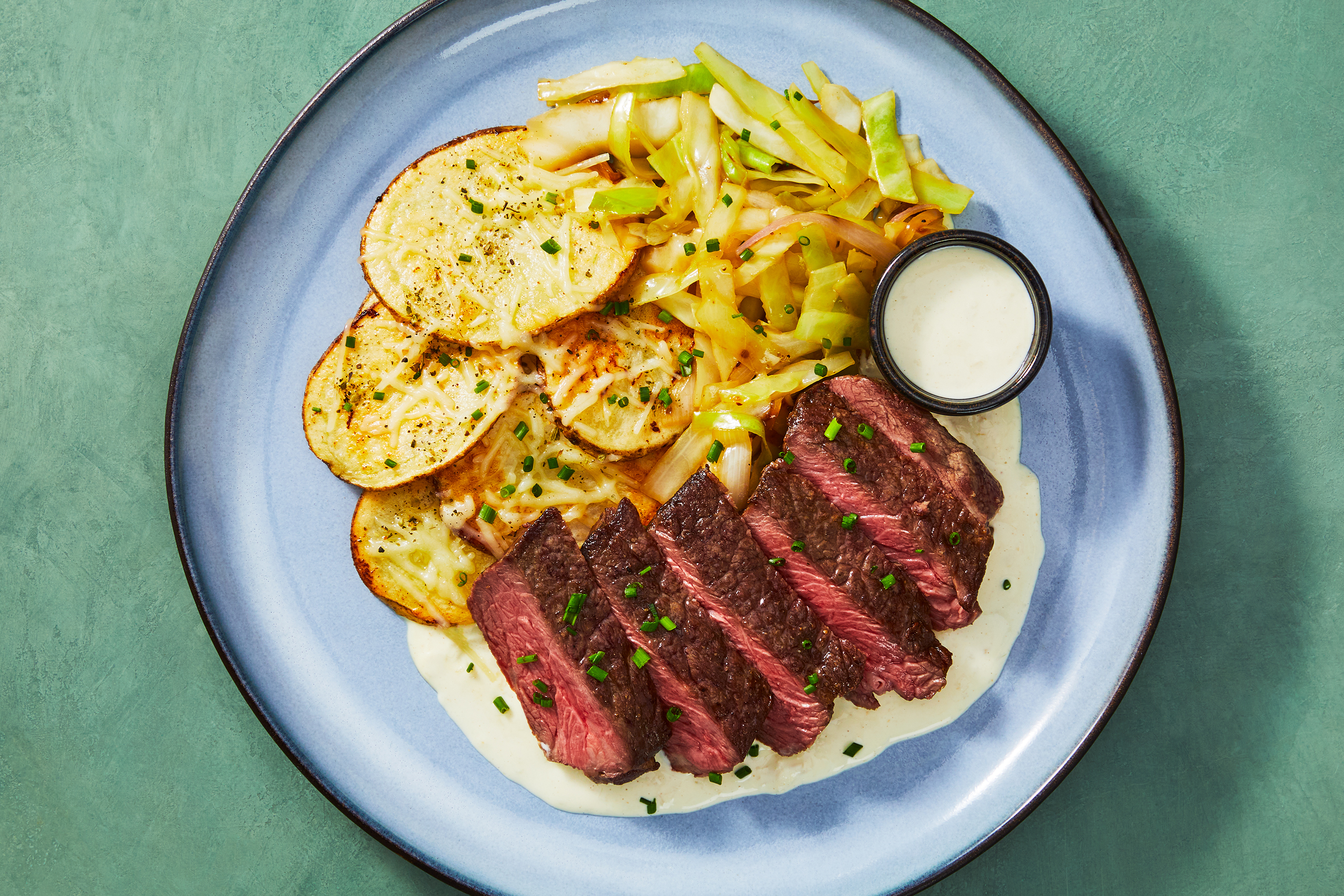Steak & Parmesan Potatoes with Horseradish Sauce