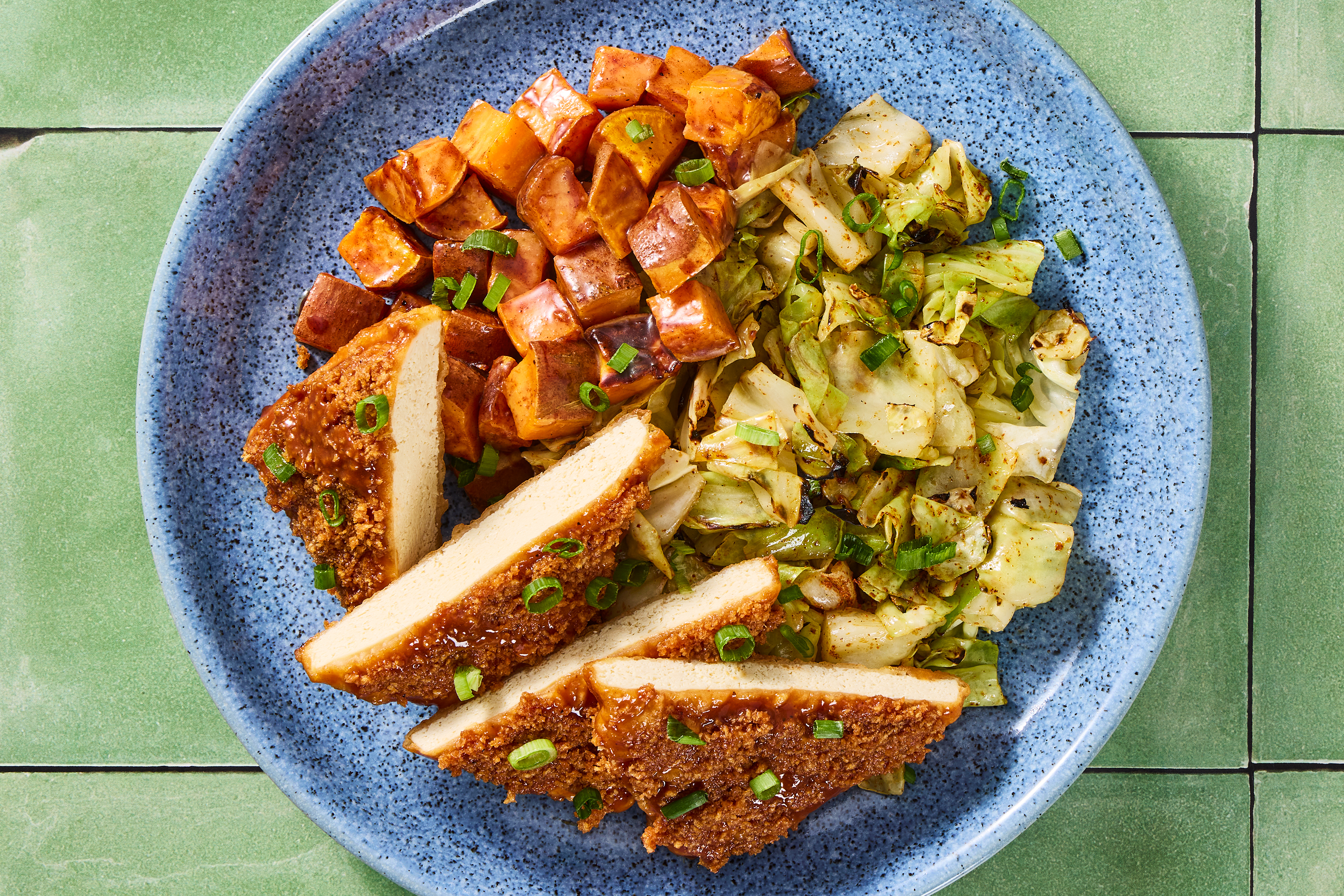 Crispy BBQ Tofu & Maple-Glazed Sweet Potatoes