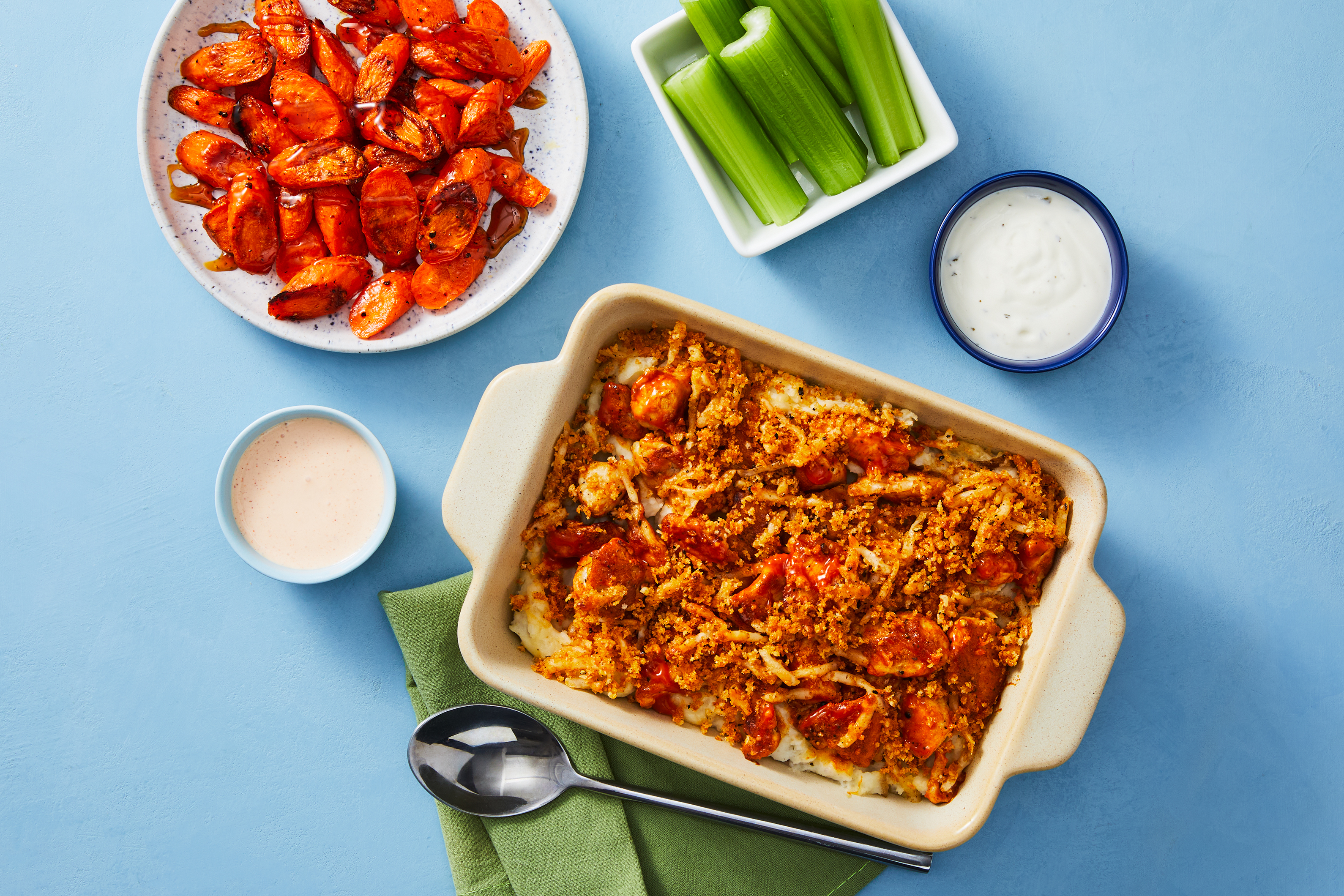 Cheesy Buffalo Chicken & Mashed Potato Bake