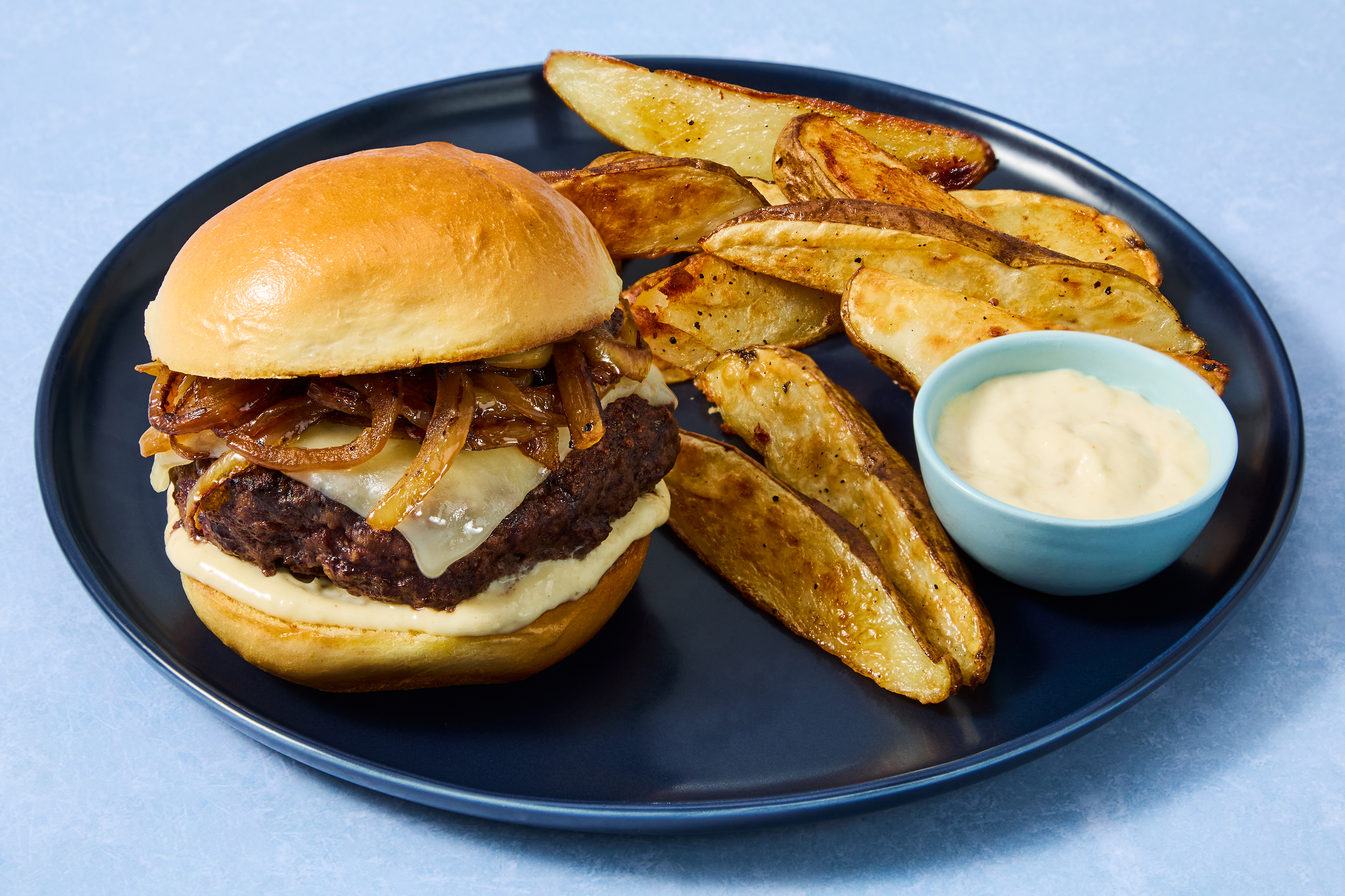 Pub-Style Gouda Burgers & Potato Wedges