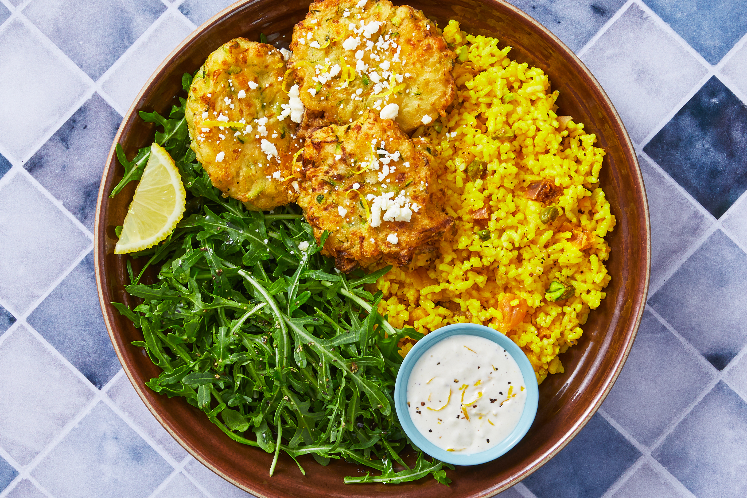 Feta Zucchini Fritters & Turmeric Rice