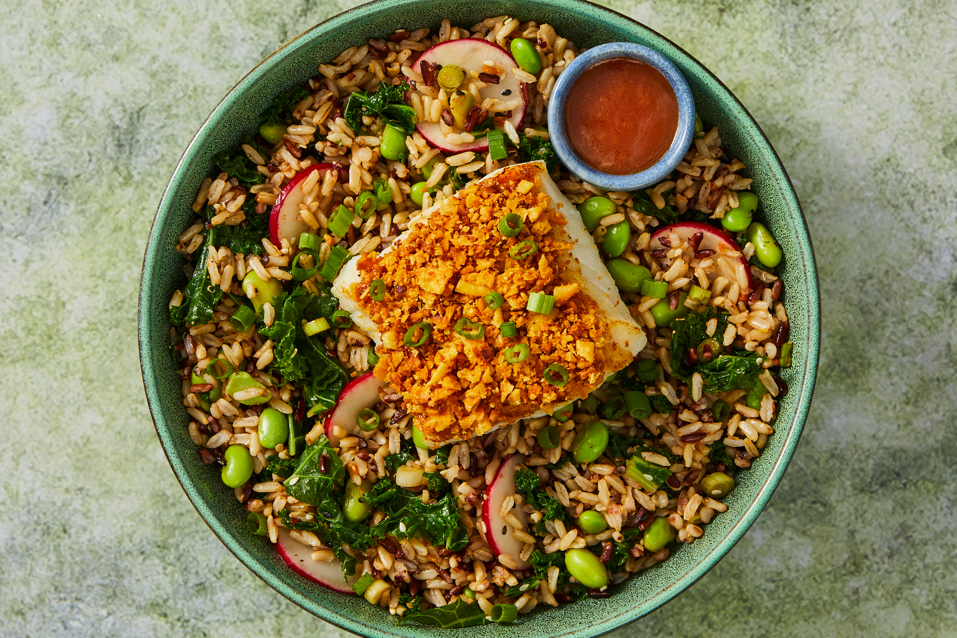 Air Fryer Wonton-Crusted Salmon Grain Bowls
