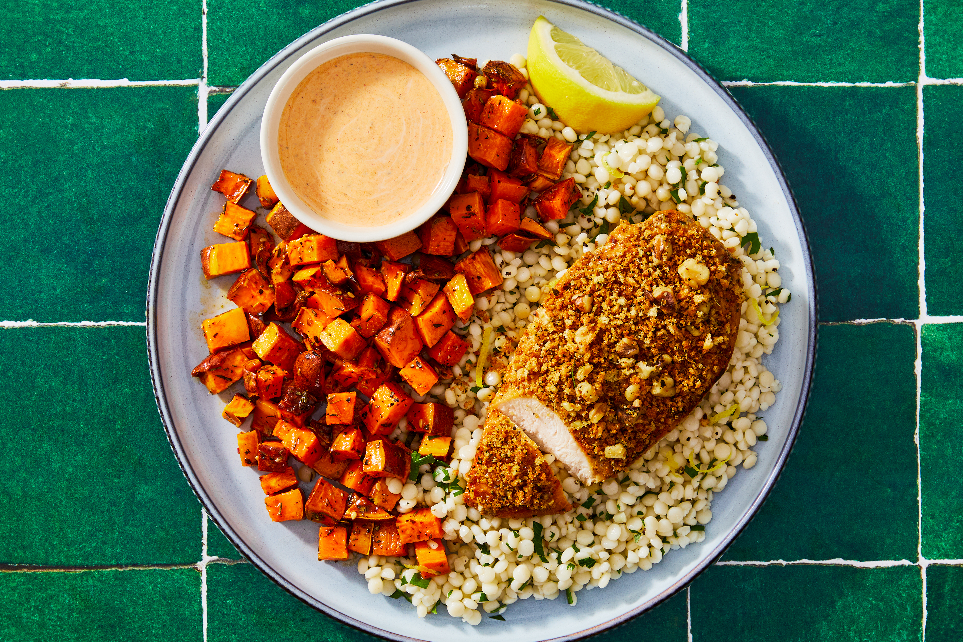 Walnut-Crusted Salmon & Zesty Couscous