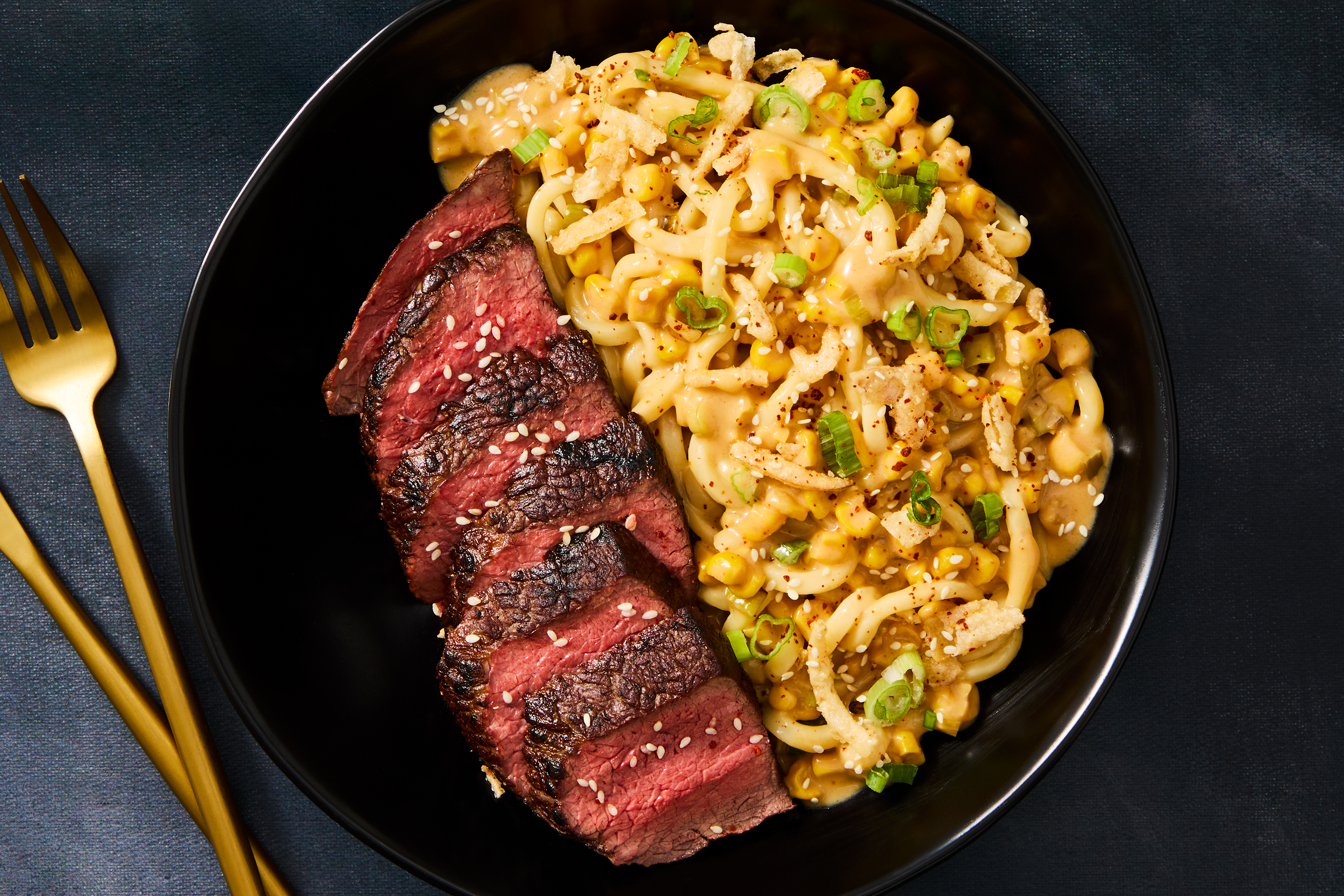 One-Pan Sirloin Steak & Cheesy Chili Udon