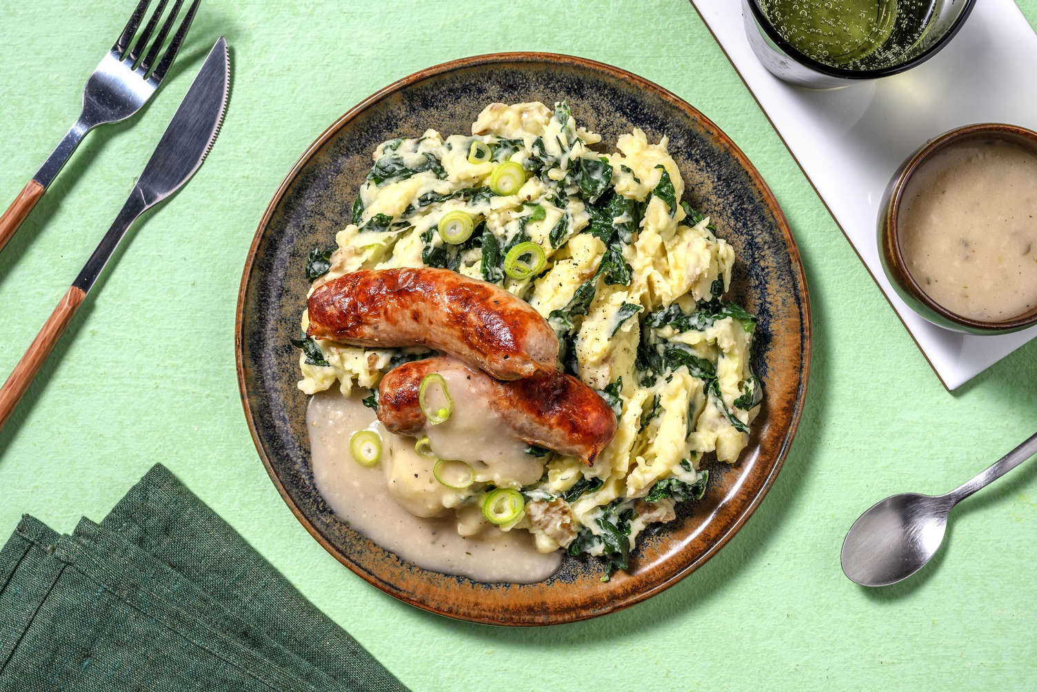 Roasted Cumberland Sausages and Garlicky Spinach Mash