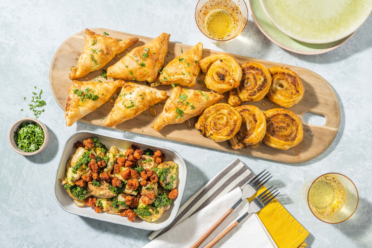Pizza Pinwheels, Chorizo & Chimichurri Smashed Potatoes, Ham & Cheddar Puff Pastry Pies