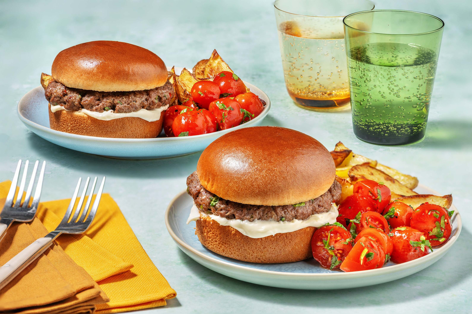 Herby Cheese Burgers and Wedges