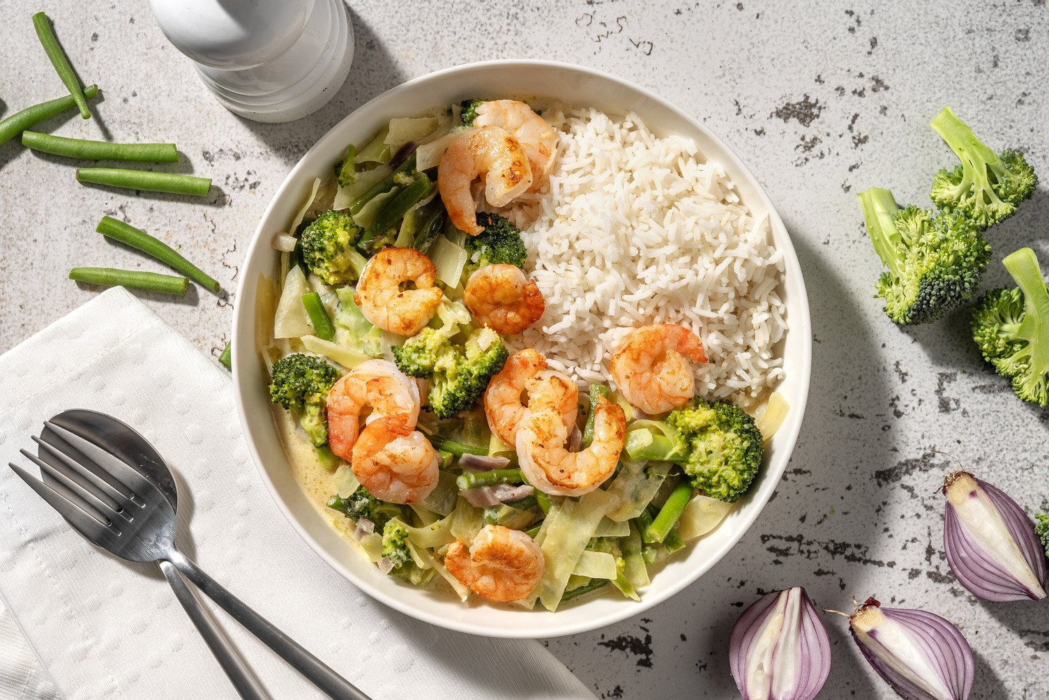 Groene curry met garnalen en rijst