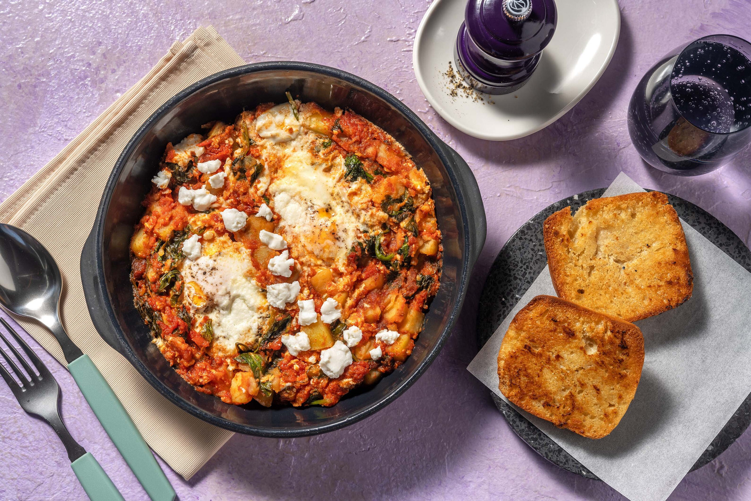 Shakshuka met aardappelen en knoflookbrood