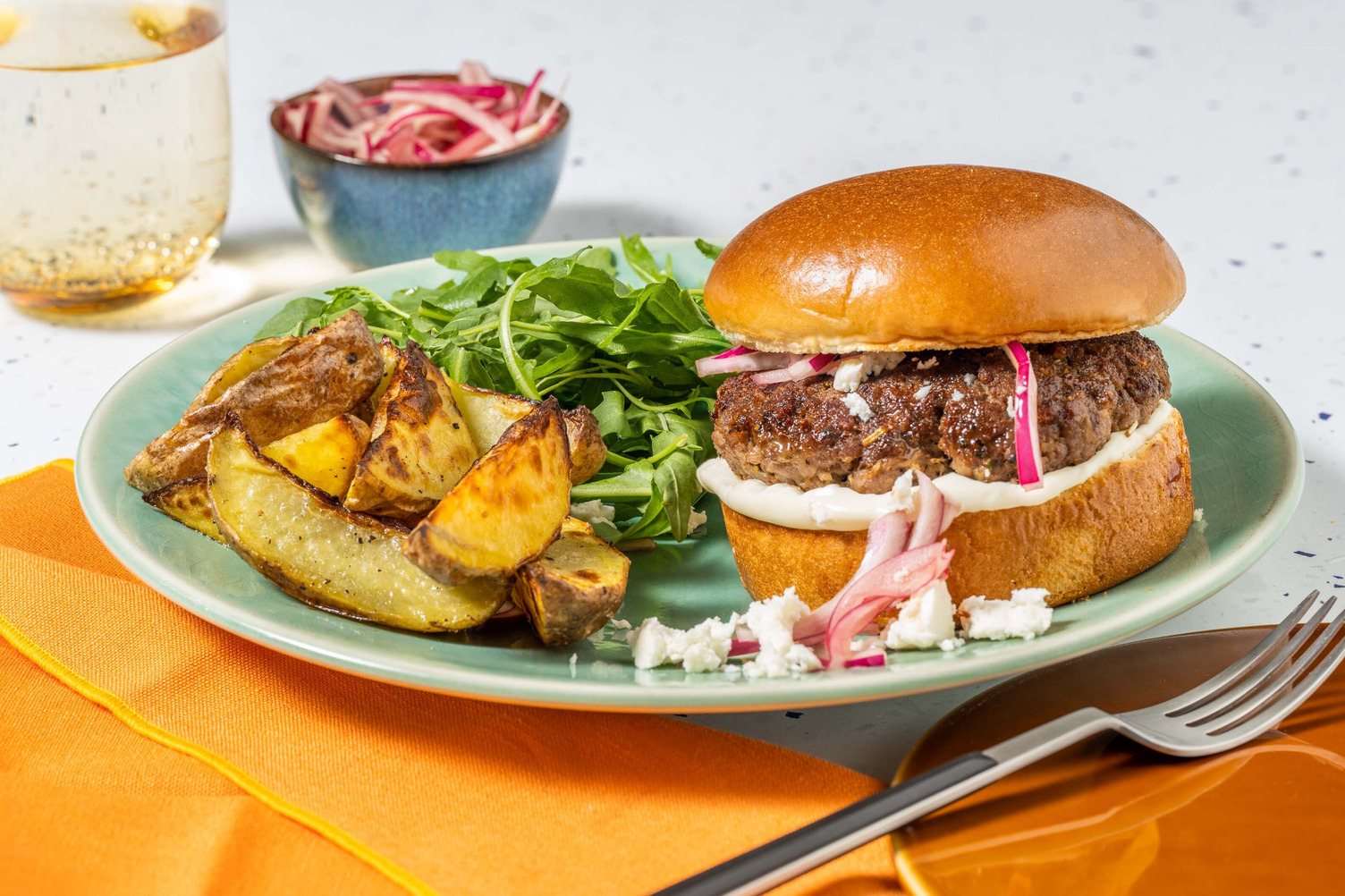 Greek Inspired Lamb Burger and Wedges